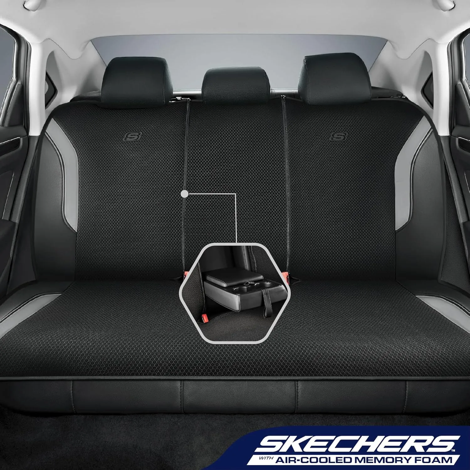 Skechers Memory Foam Car Seat Covers, Air Cool Mesh Thick Seat Covers, Car Seat Protector Full Sets, Airbag Compatible, Automotive Comfort Protection for Most Cars,Vans,Trucks, SUVs,Grey