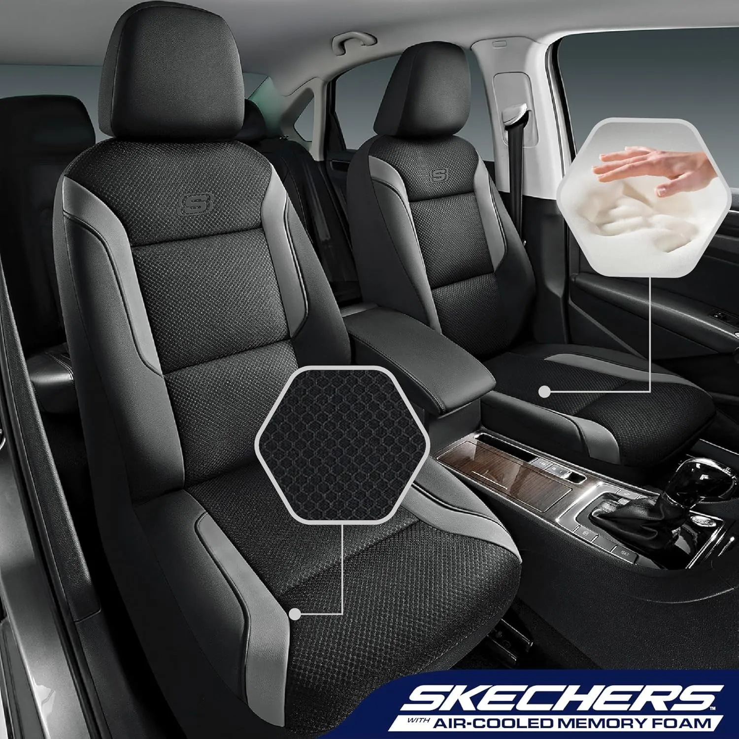Skechers Memory Foam Car Seat Covers, Air Cool Mesh Thick Seat Covers, Car Seat Protector Full Sets, Airbag Compatible, Automotive Comfort Protection for Most Cars,Vans,Trucks, SUVs,Grey