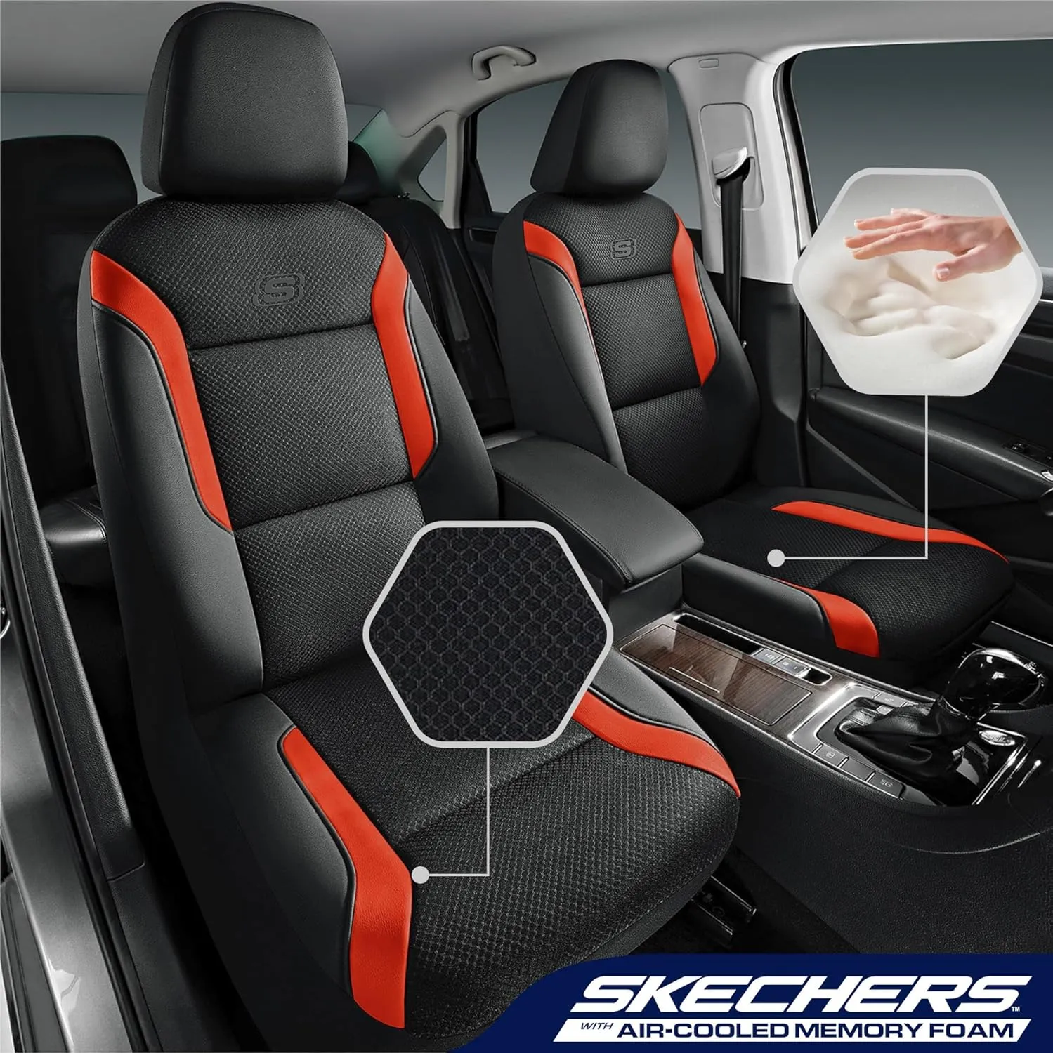 Skechers Memory Foam Car Seat Covers, Air Cool Mesh Thick Seat Covers, Car Seat Protector Full Sets, Airbag Compatible, Automotive Comfort Protection for Most Cars,Vans,Trucks, SUVs,Orange