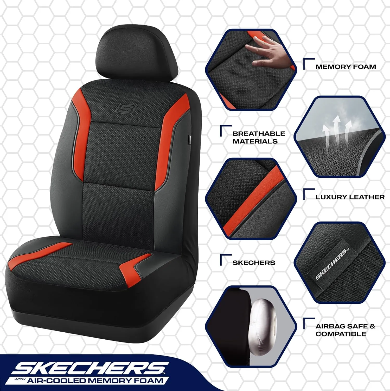 Skechers Memory Foam Car Seat Covers, Air Cool Mesh Thick Seat Covers, Car Seat Protector Full Sets, Airbag Compatible, Automotive Comfort Protection for Most Cars,Vans,Trucks, SUVs,Orange