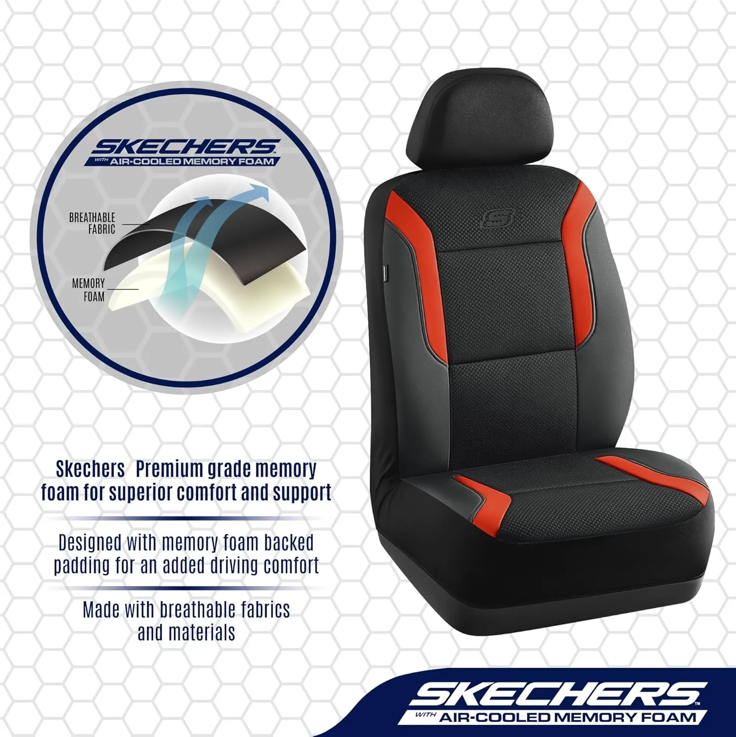 Skechers Memory Foam Car Seat Covers, Air Cool Mesh Thick Seat Covers, Car Seat Protector Full Sets, Airbag Compatible, Automotive Comfort Protection for Most Cars,Vans,Trucks, SUVs,Orange