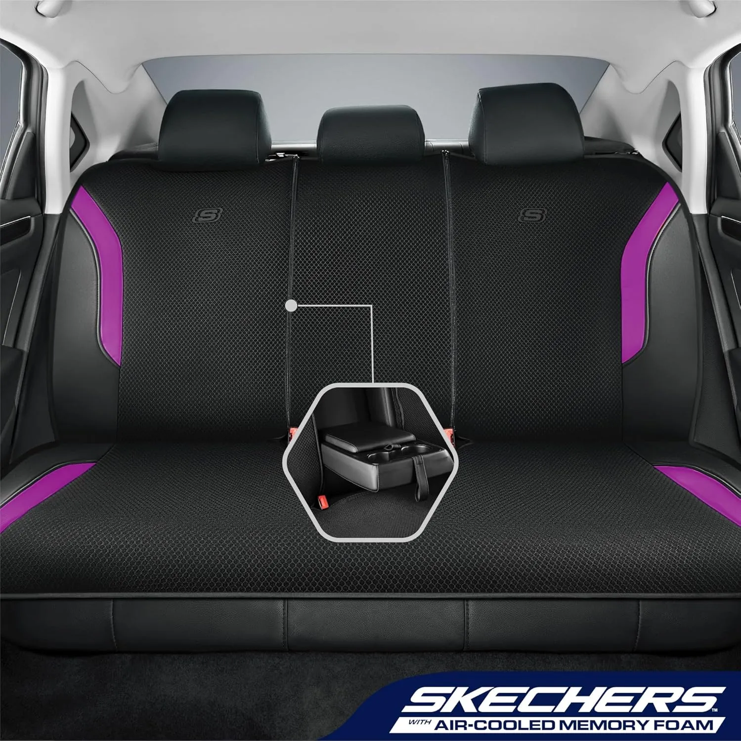 Skechers Memory Foam™ Car Seat Covers, Air Cool Mesh Thick Seat Covers, Car Seat Protector Full Sets, Airbag Compatible, Automotive Comfort Protection for Most Cars,Vans,Trucks, SUVs,Purple