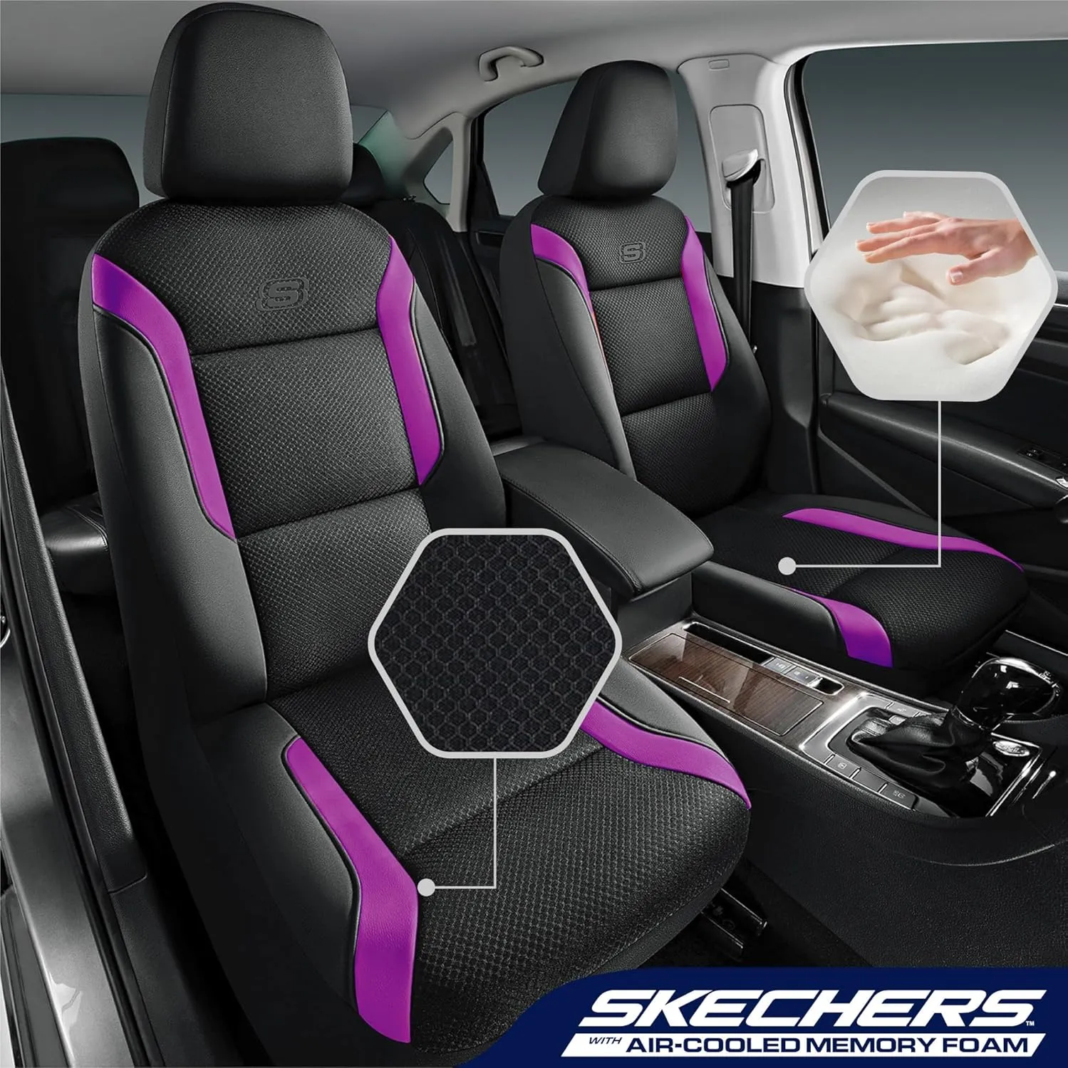 Skechers Memory Foam™ Car Seat Covers, Air Cool Mesh Thick Seat Covers, Car Seat Protector Full Sets, Airbag Compatible, Automotive Comfort Protection for Most Cars,Vans,Trucks, SUVs,Purple