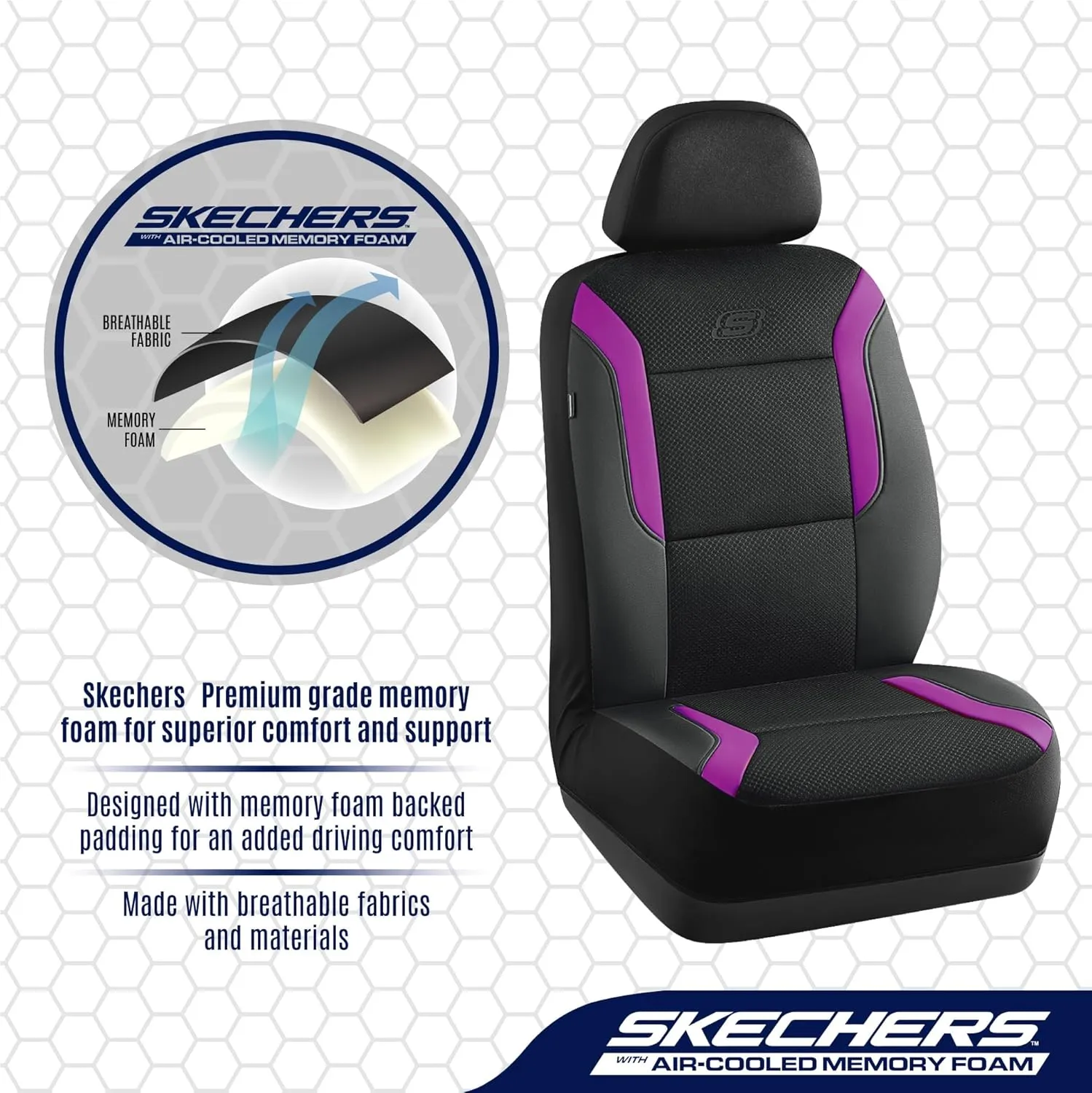 Skechers Memory Foam™ Car Seat Covers, Air Cool Mesh Thick Seat Covers, Car Seat Protector Full Sets, Airbag Compatible, Automotive Comfort Protection for Most Cars,Vans,Trucks, SUVs,Purple