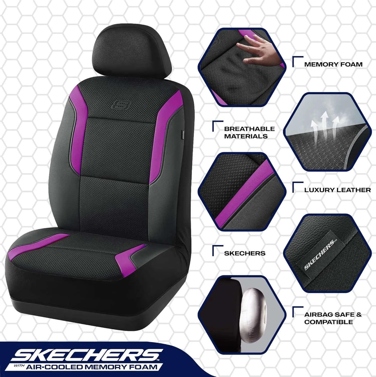 Skechers Memory Foam™ Car Seat Covers, Air Cool Mesh Thick Seat Covers, Car Seat Protector Full Sets, Airbag Compatible, Automotive Comfort Protection for Most Cars,Vans,Trucks, SUVs,Purple