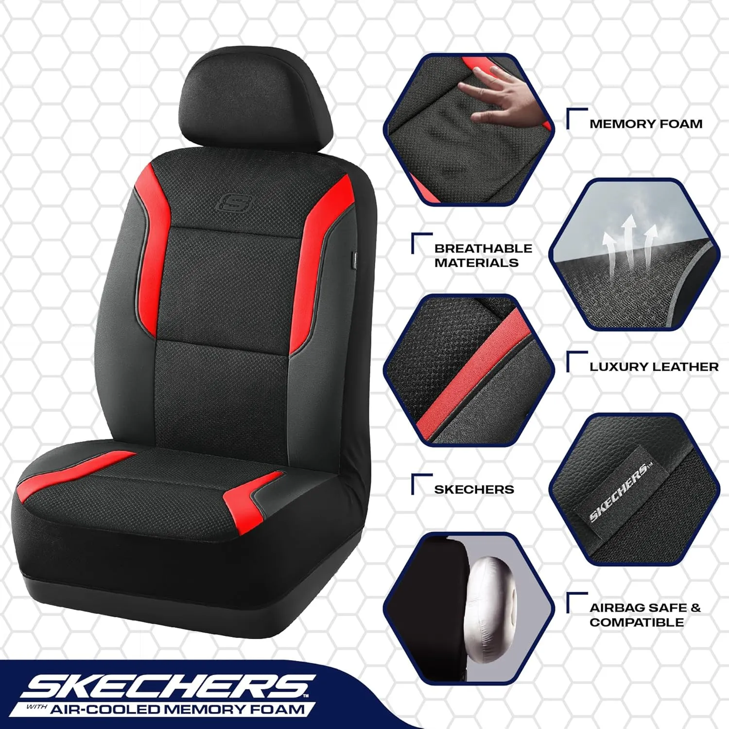 Skechers Memory Foam Car Seat Covers, Air Cool Mesh Thick Seat Covers, Car Seat Protector Full Sets, Airbag Compatible, Automotive Comfort Protection for Most Cars,Vans,Trucks, SUVs,Red
