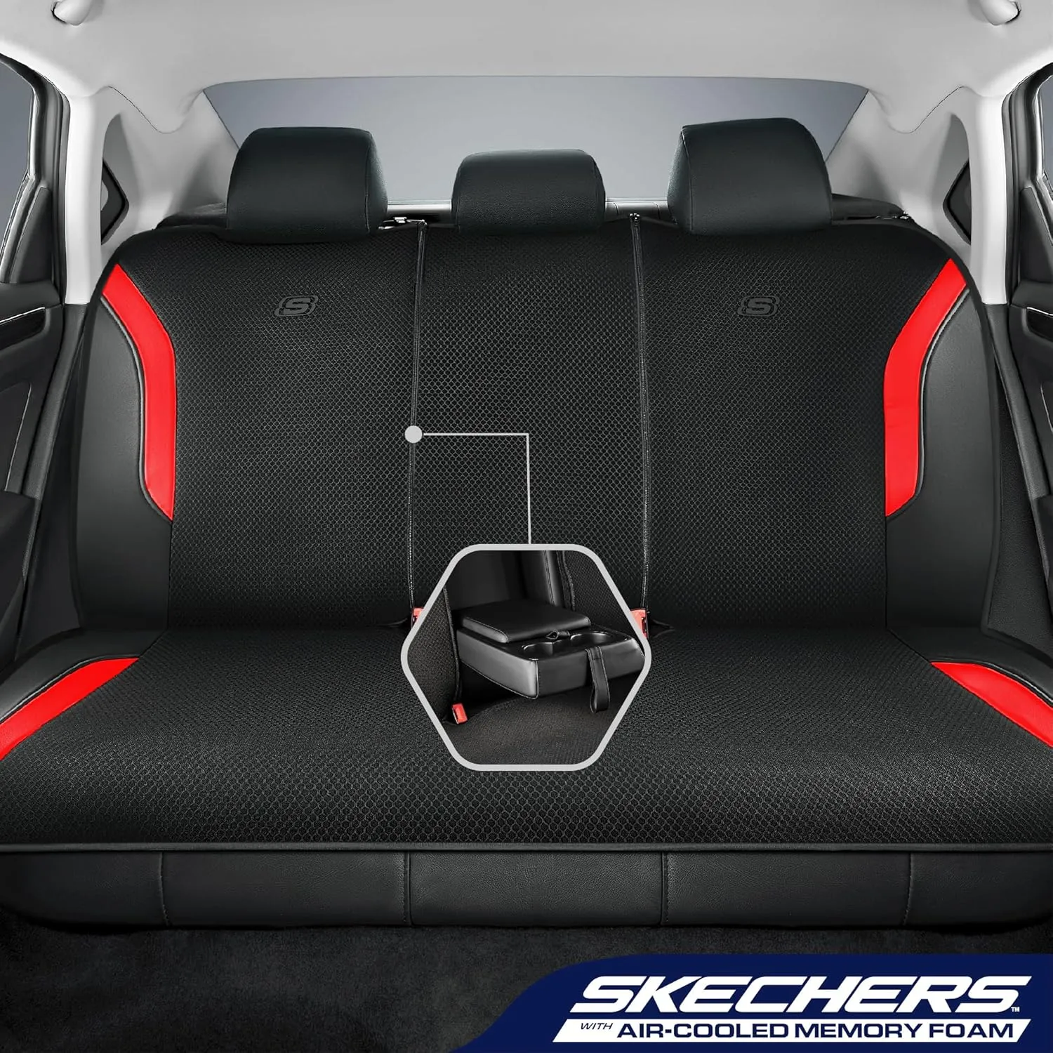 Skechers Memory Foam Car Seat Covers, Air Cool Mesh Thick Seat Covers, Car Seat Protector Full Sets, Airbag Compatible, Automotive Comfort Protection for Most Cars,Vans,Trucks, SUVs,Red