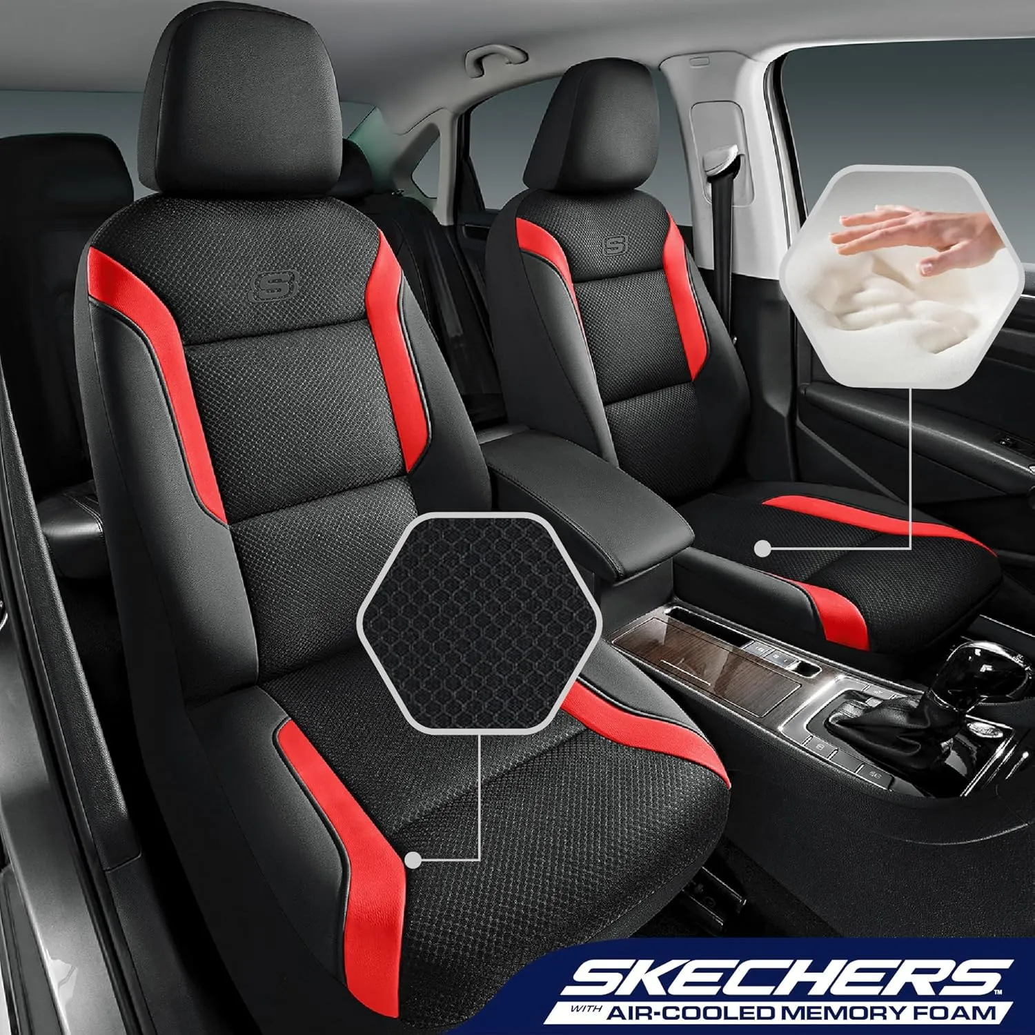 Skechers Memory Foam Car Seat Covers, Air Cool Mesh Thick Seat Covers, Car Seat Protector Full Sets, Airbag Compatible, Automotive Comfort Protection for Most Cars,Vans,Trucks, SUVs,Red