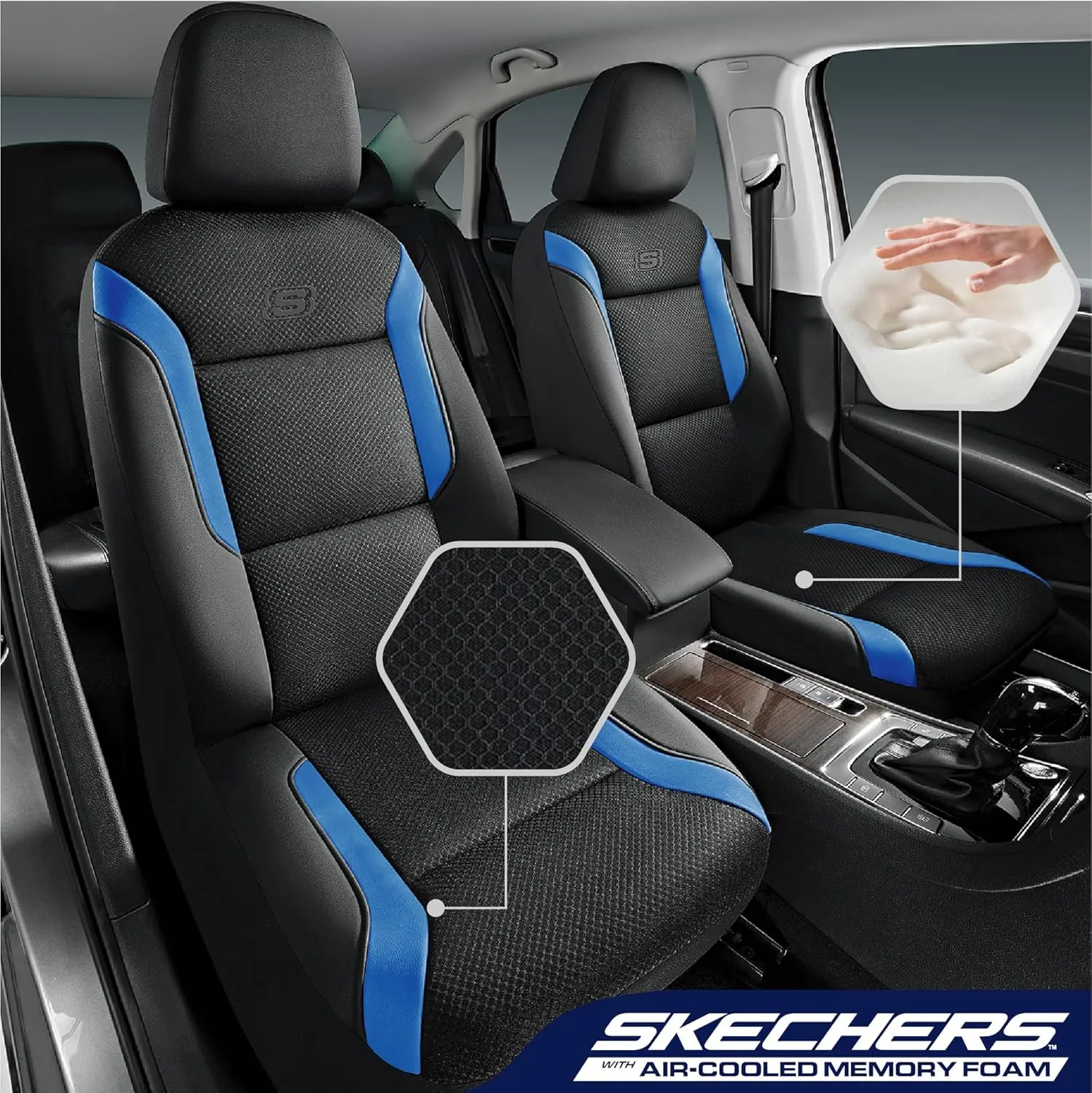 Skechers Memory Foam Car Seat Covers, Air Cool Mesh Thick Seat Covers,Two Front Car Seat Protector, Airbag Compatible, Automotive Comfort & Protection for Most Cars, Vans,Trucks, SUVs,Blue