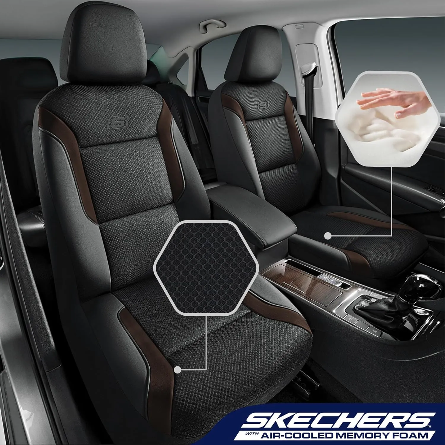 Skechers Memory Foam Car Seat Covers, Air Cool Mesh Thick Seat Covers,Two Front Car Seat Protector, Airbag Compatible, Automotive Comfort Protection for Most Cars,Van,Trucks, SUVs,Brown