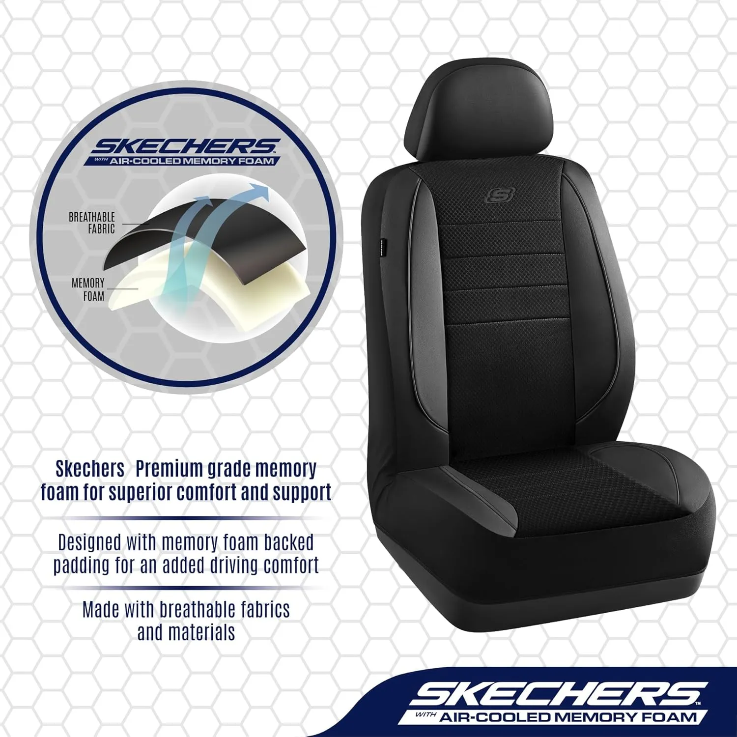 Skechers Memory Foam Car Seat Covers,Air Cool Mesh Thick Seat Covers,Piping Leather Car Seat Protector,Airbag Compatible,Automotive Comfort Protection for Most Cars,Vans,Trucks,SUV(Black,Full Set)