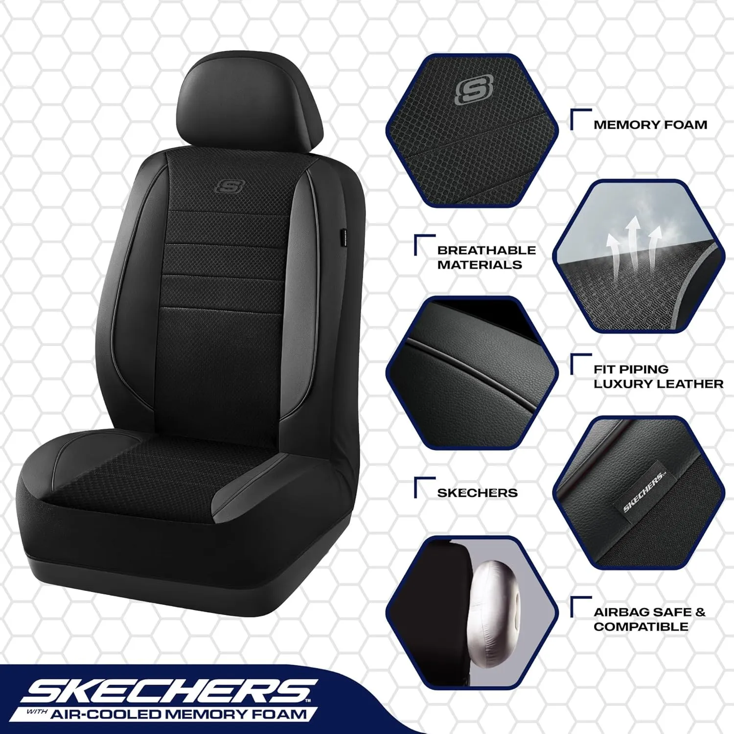 Skechers Memory Foam Car Seat Covers,Air Cool Mesh Thick Seat Covers,Piping Leather Car Seat Protector,Airbag Compatible,Automotive Comfort Protection for Most Cars,Vans,Trucks,SUV(Black,Full Set)