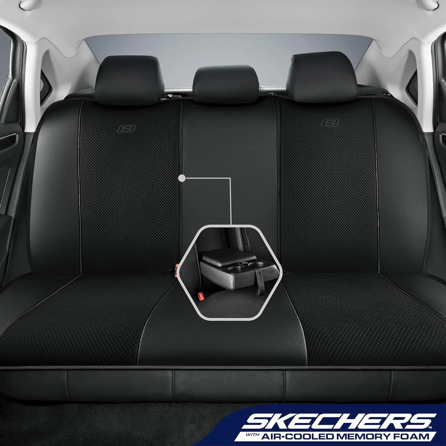 Skechers Memory Foam Car Seat Covers,Air Cool Mesh Thick Seat Covers,Piping Leather Car Seat Protector,Airbag Compatible,Automotive Comfort Protection for Most Cars,Vans,Trucks,SUV(Black,Full Set)
