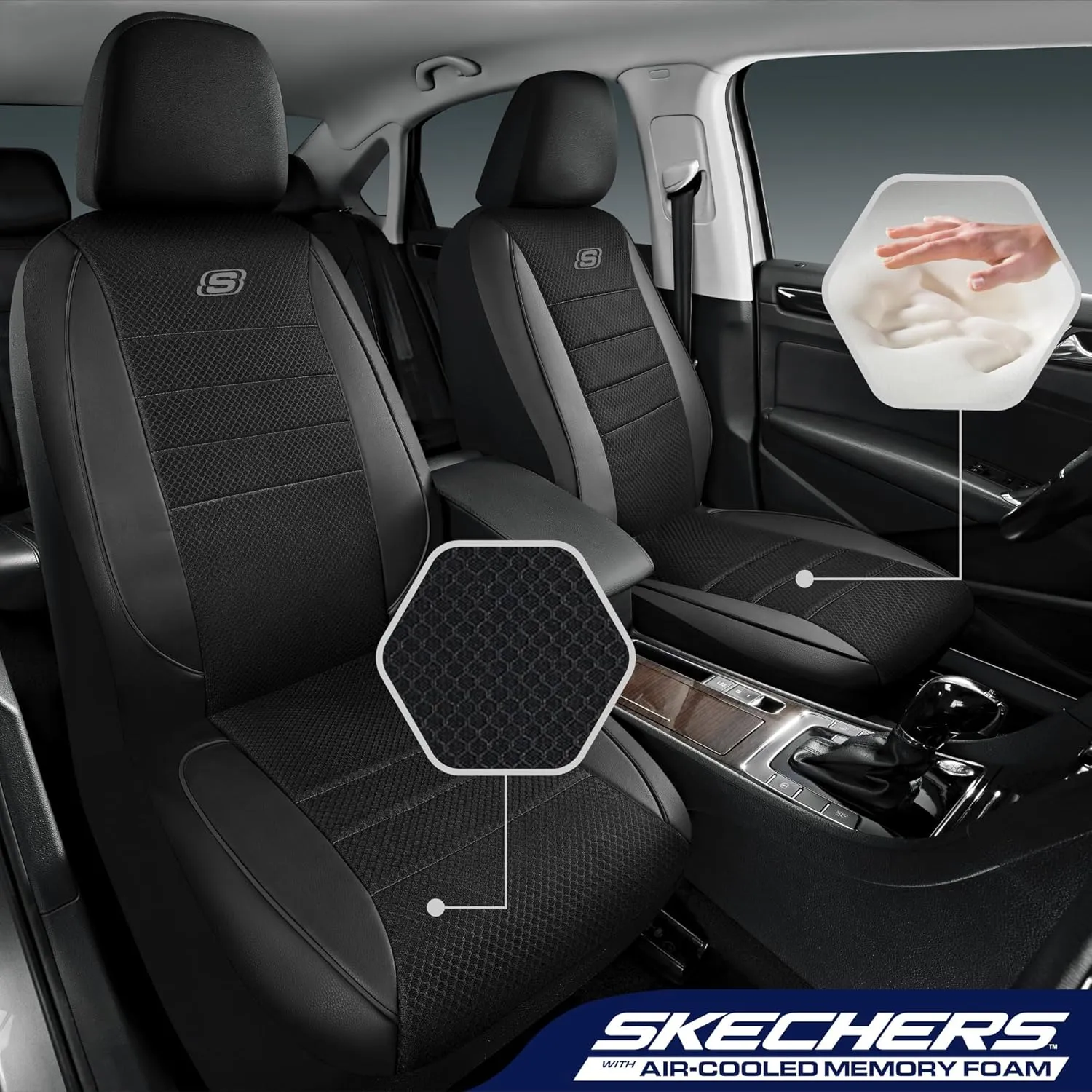 Skechers Memory Foam Car Seat Covers,Air Cool Mesh Thick Seat Covers,Piping Leather Car Seat Protector,Airbag Compatible,Automotive Comfort Protection for Most Cars,Vans,Trucks,SUV(Black,Full Set)