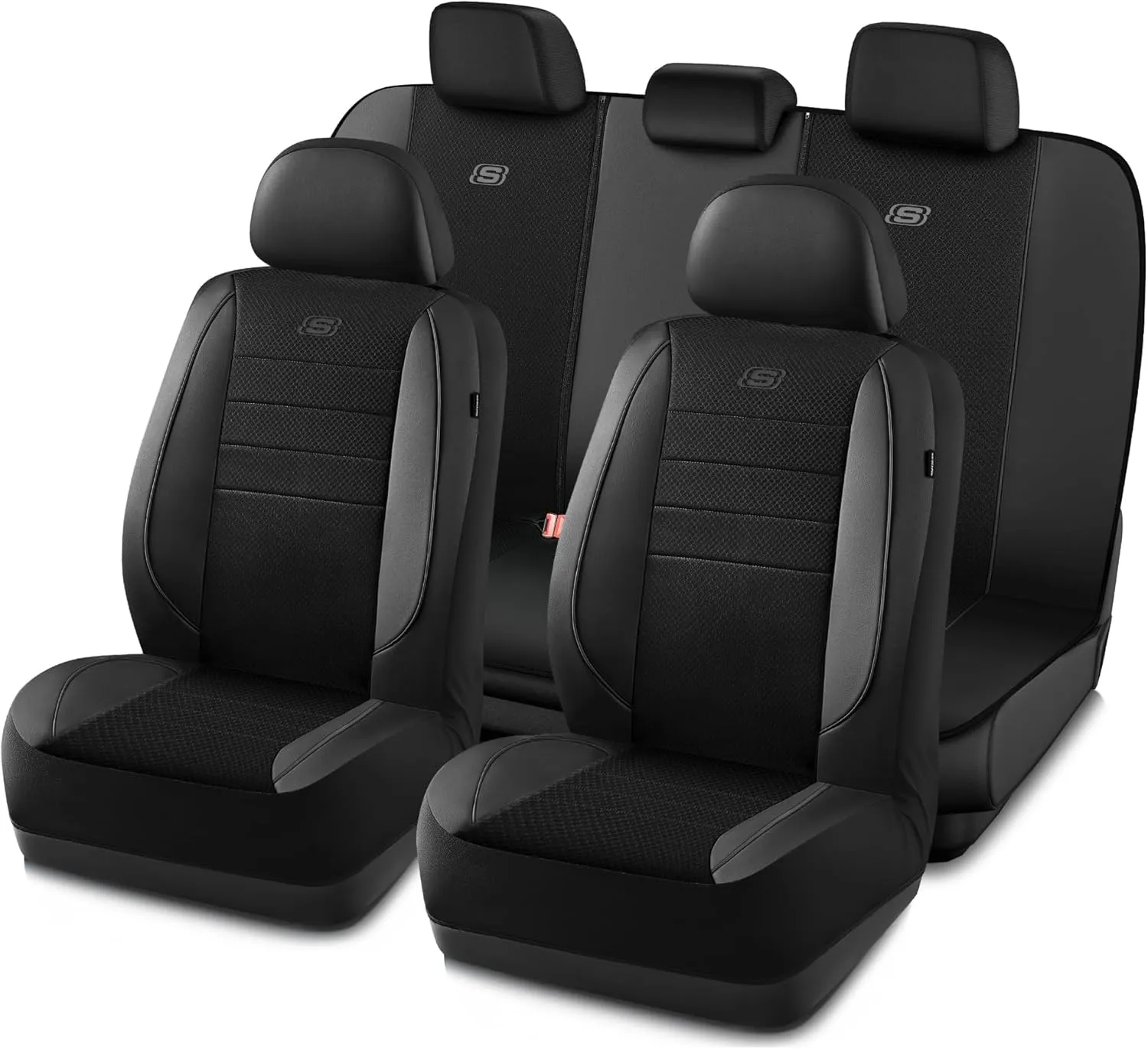Skechers Memory Foam Car Seat Covers,Air Cool Mesh Thick Seat Covers,Piping Leather Car Seat Protector,Airbag Compatible,Automotive Comfort Protection for Most Cars,Vans,Trucks,SUV(Black,Full Set)