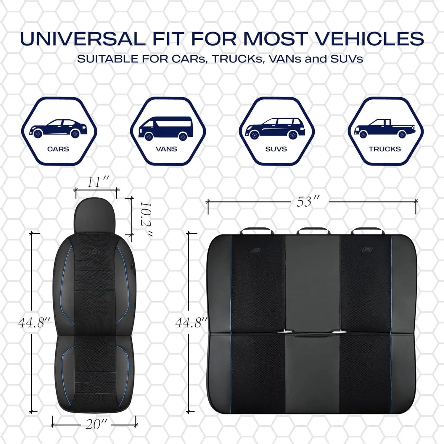 Skechers Memory Foam Car Seat Covers,Air Cool Mesh Thick Seat Covers,Piping Leather Car Seat Protector,Airbag Compatible,Automotive Comfort Protection for Most Cars,Vans,Trucks,SUV(Blue,Full Set)