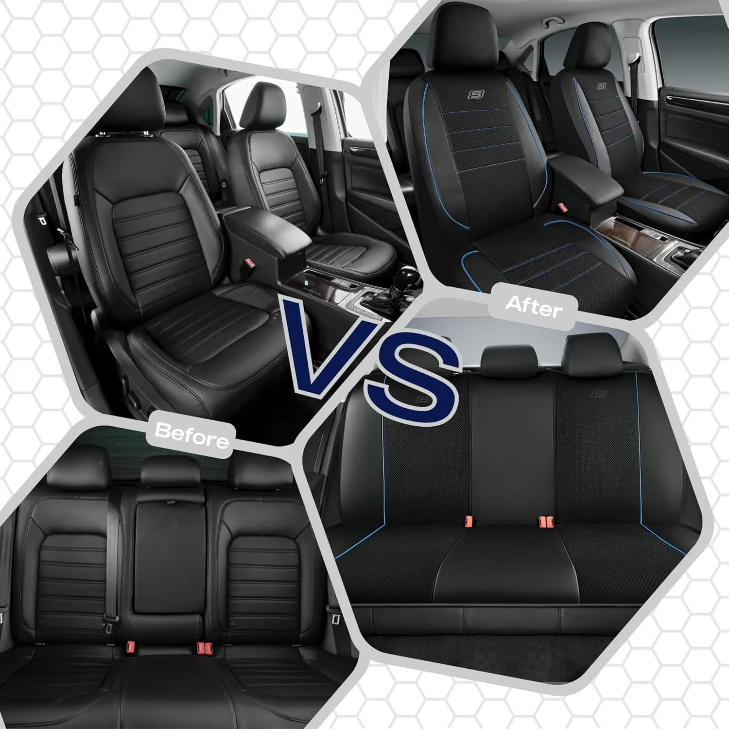 Skechers Memory Foam Car Seat Covers,Air Cool Mesh Thick Seat Covers,Piping Leather Car Seat Protector,Airbag Compatible,Automotive Comfort Protection for Most Cars,Vans,Trucks,SUV(Blue,Full Set)