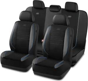 Skechers Memory Foam Car Seat Covers,Air Cool Mesh Thick Seat Covers,Piping Leather Car Seat Protector,Airbag Compatible,Automotive Comfort Protection for Most Cars,Vans,Trucks,SUV(Blue,Full Set)