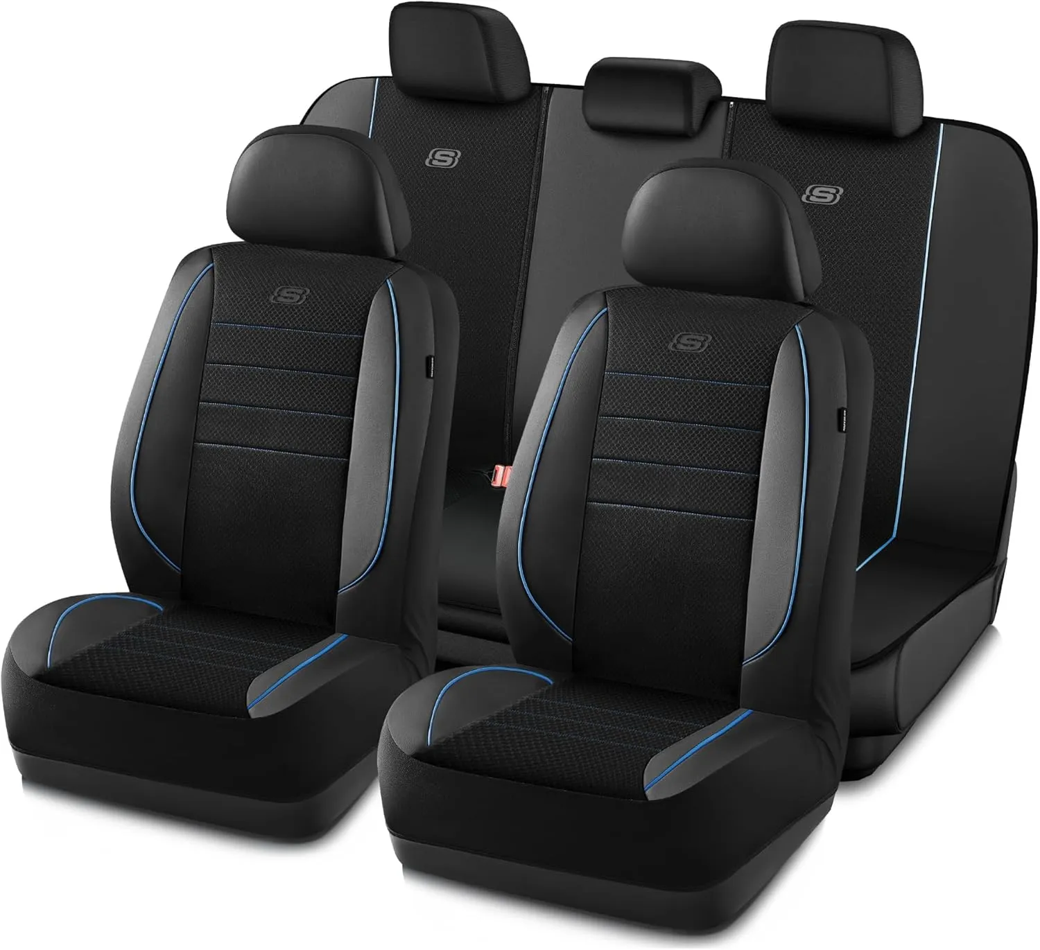 Skechers Memory Foam Car Seat Covers,Air Cool Mesh Thick Seat Covers,Piping Leather Car Seat Protector,Airbag Compatible,Automotive Comfort Protection for Most Cars,Vans,Trucks,SUV(Blue,Full Set)