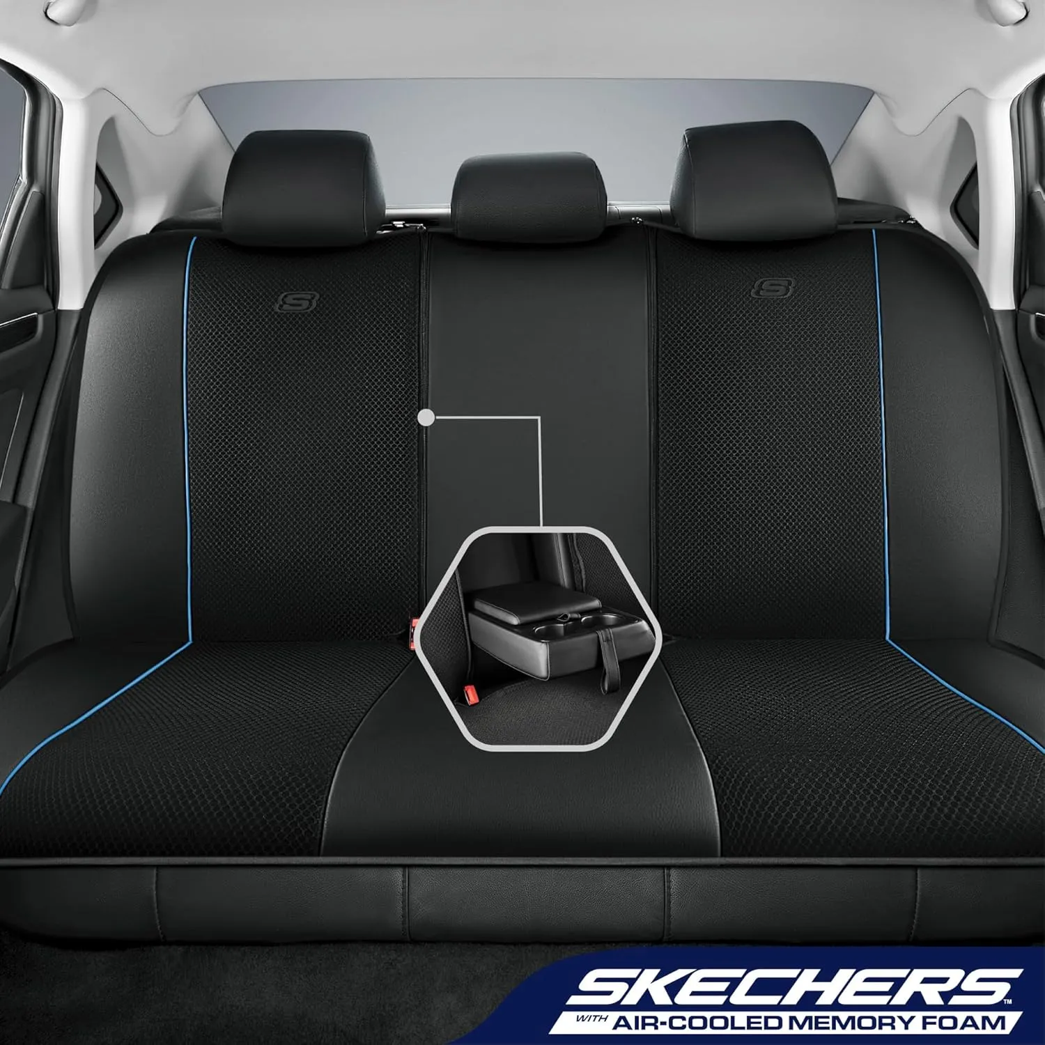 Skechers Memory Foam Car Seat Covers,Air Cool Mesh Thick Seat Covers,Piping Leather Car Seat Protector,Airbag Compatible,Automotive Comfort Protection for Most Cars,Vans,Trucks,SUV(Blue,Full Set)