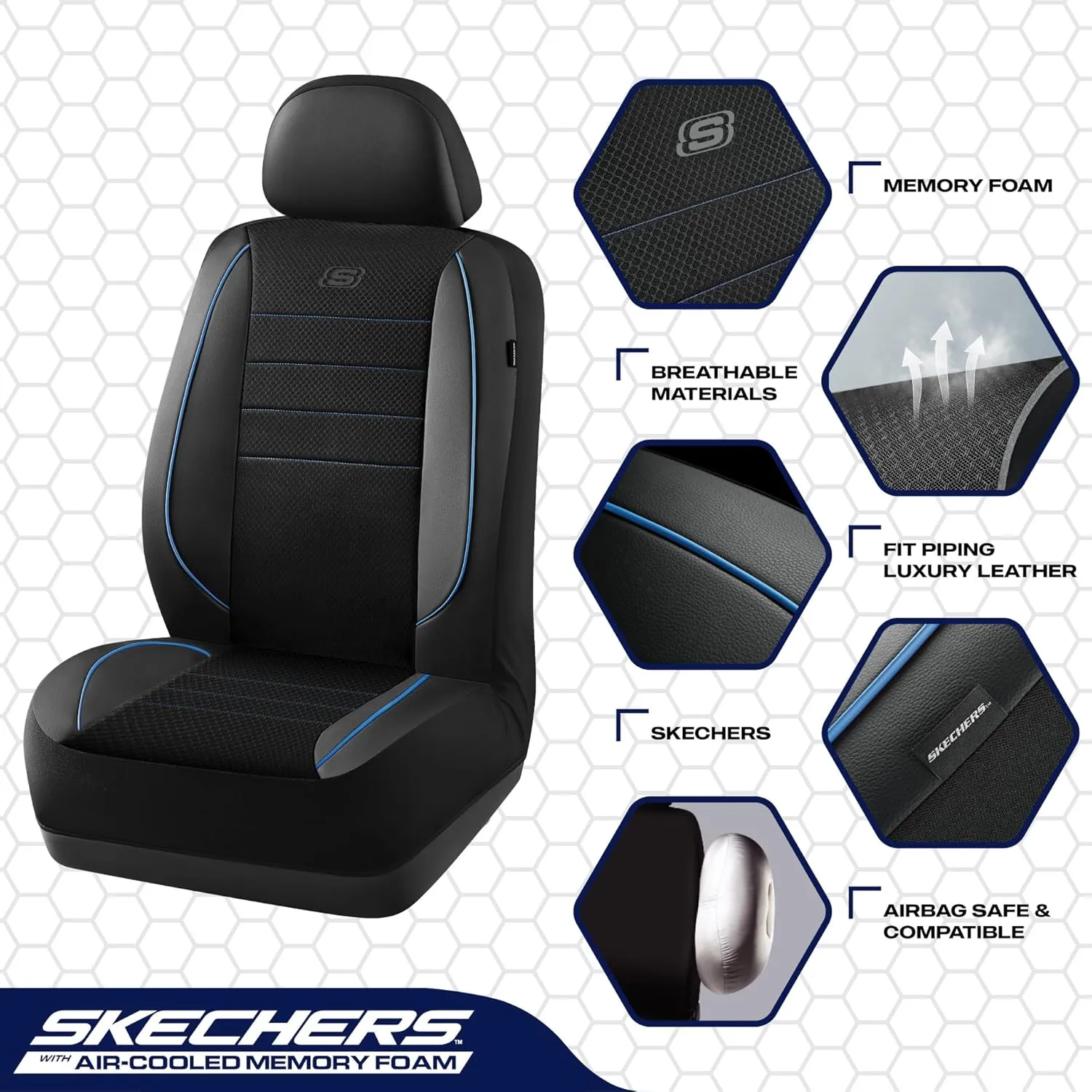 Skechers Memory Foam Car Seat Covers,Air Cool Mesh Thick Seat Covers,Piping Leather Two Front Car Seat Protector,Airbag Compatible,Automotive Comfort Seat Covers for Most Cars,Vans,Truck,SUV,Blue