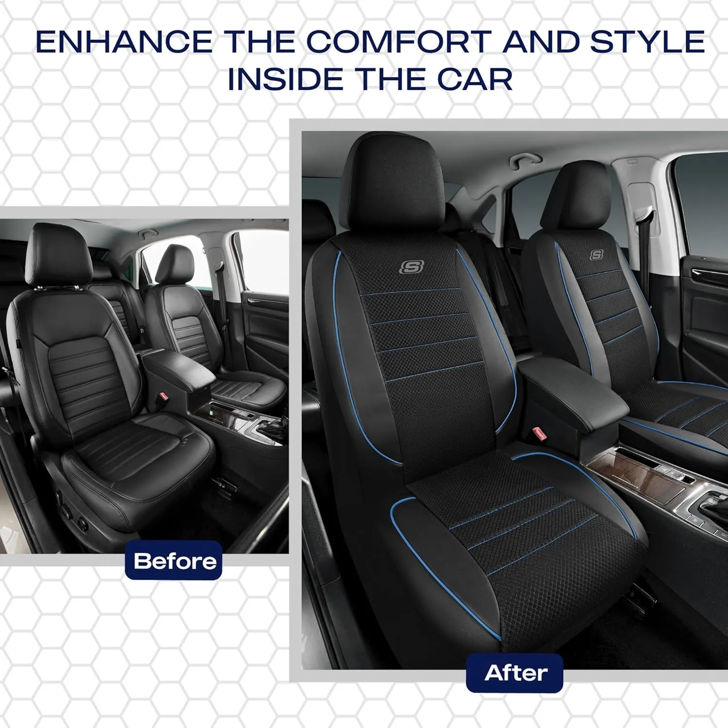 Skechers Memory Foam Car Seat Covers,Air Cool Mesh Thick Seat Covers,Piping Leather Two Front Car Seat Protector,Airbag Compatible,Automotive Comfort Seat Covers for Most Cars,Vans,Truck,SUV,Blue