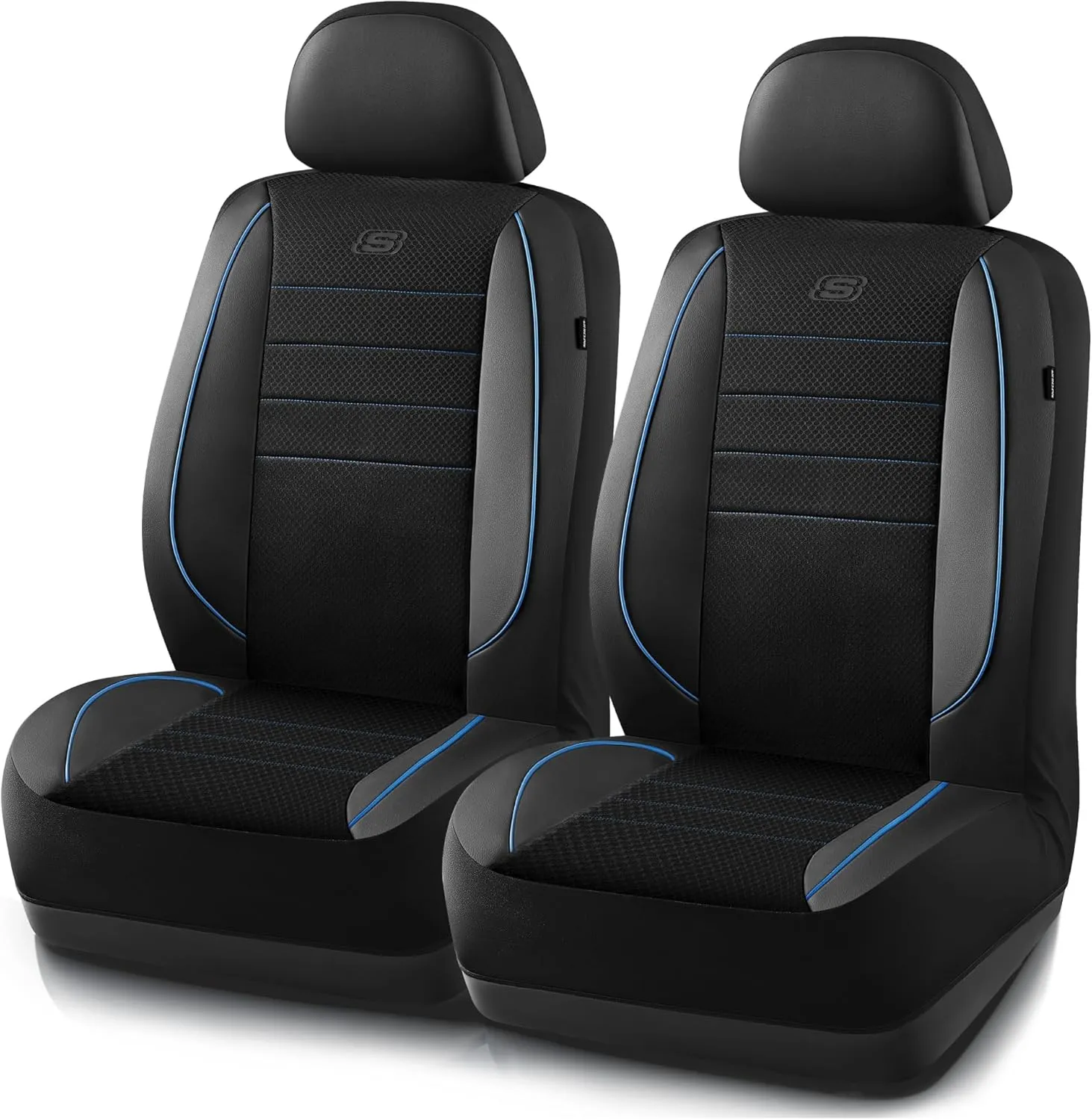 Skechers Memory Foam Car Seat Covers,Air Cool Mesh Thick Seat Covers,Piping Leather Two Front Car Seat Protector,Airbag Compatible,Automotive Comfort Seat Covers for Most Cars,Vans,Truck,SUV,Blue