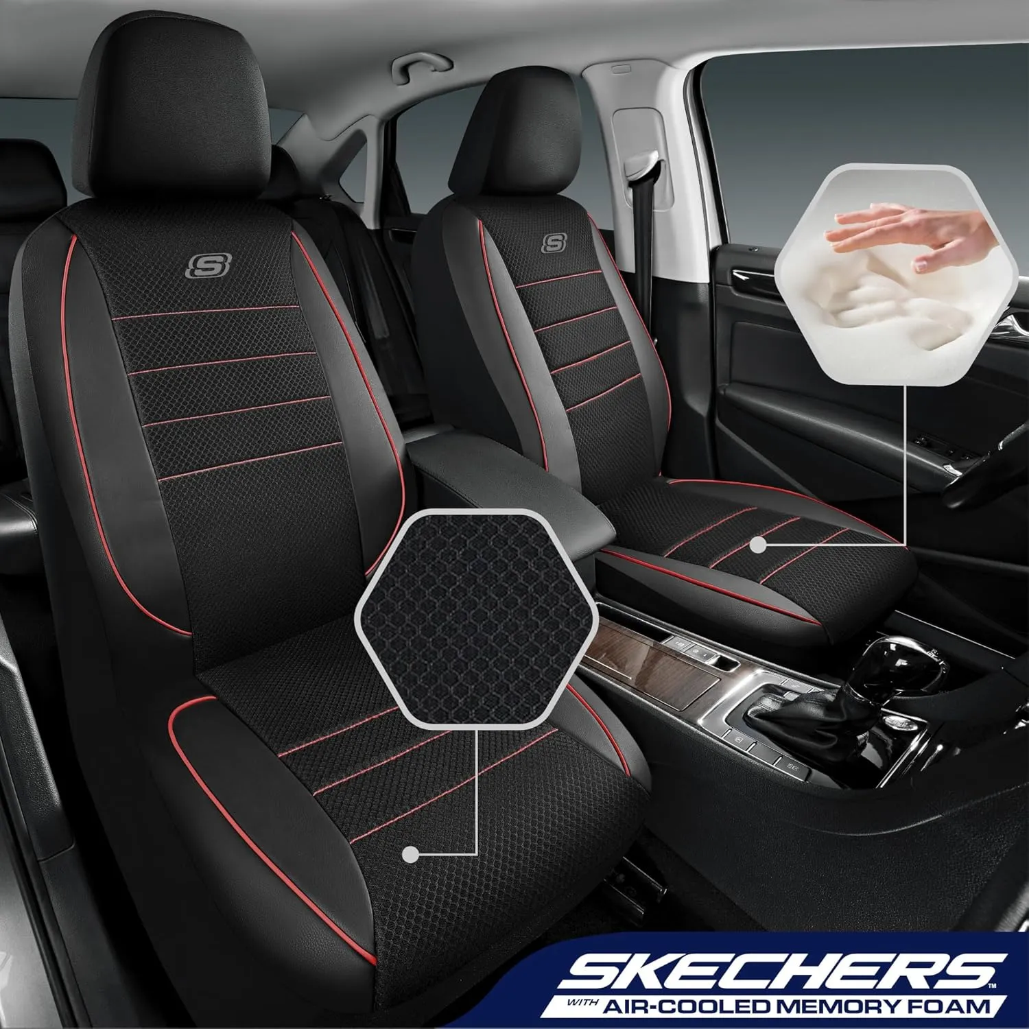 Skechers Memory Foam Seat Covers,Air Cool Mesh Thick Car Seat Covers,Leather Piping Two FrontTwo Front,Airbag Compatible,Automotive Comfort Protection for Most Cars,Vans,Trucks,SUV,Red