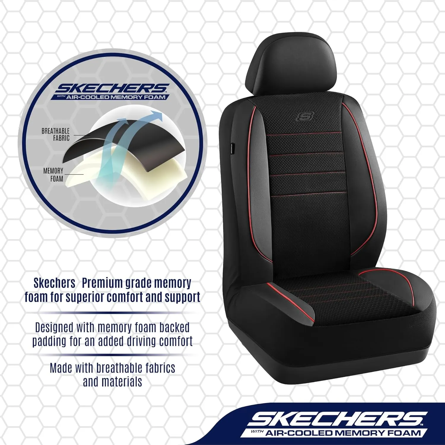 Skechers Memory Foam Seat Covers,Air Cool Mesh Thick Car Seat Covers,Leather Piping Two FrontTwo Front,Airbag Compatible,Automotive Comfort Protection for Most Cars,Vans,Trucks,SUV,Red