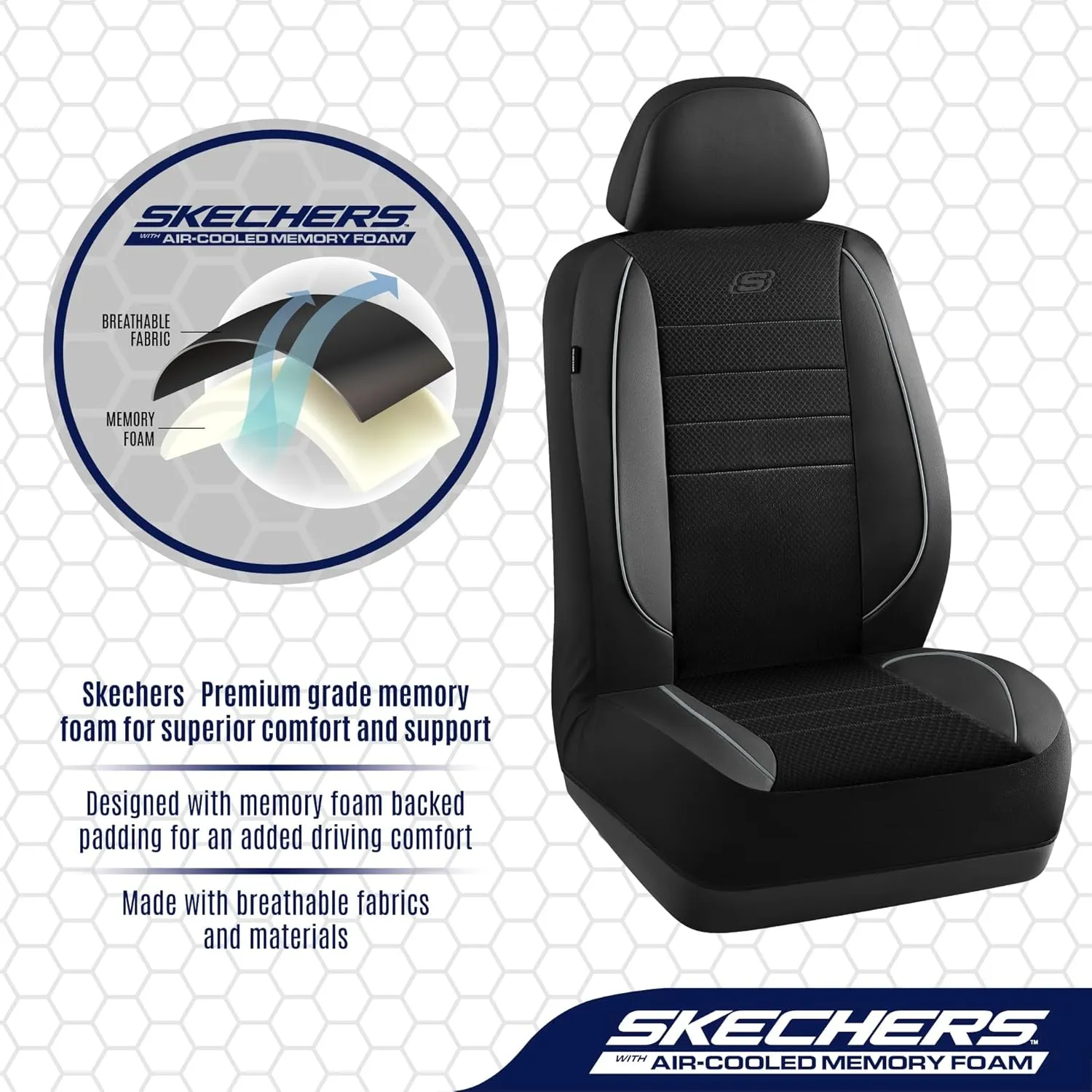 Skechers Memory Foam Seat Covers,Air Cool Mesh Thick Car Seat Covers,Piping Leather Car Seat Protector,Airbag Compatible,Automotive Comfort Protection for Most Cars,Vans,Trucks,SUV(Gray,Full Set)