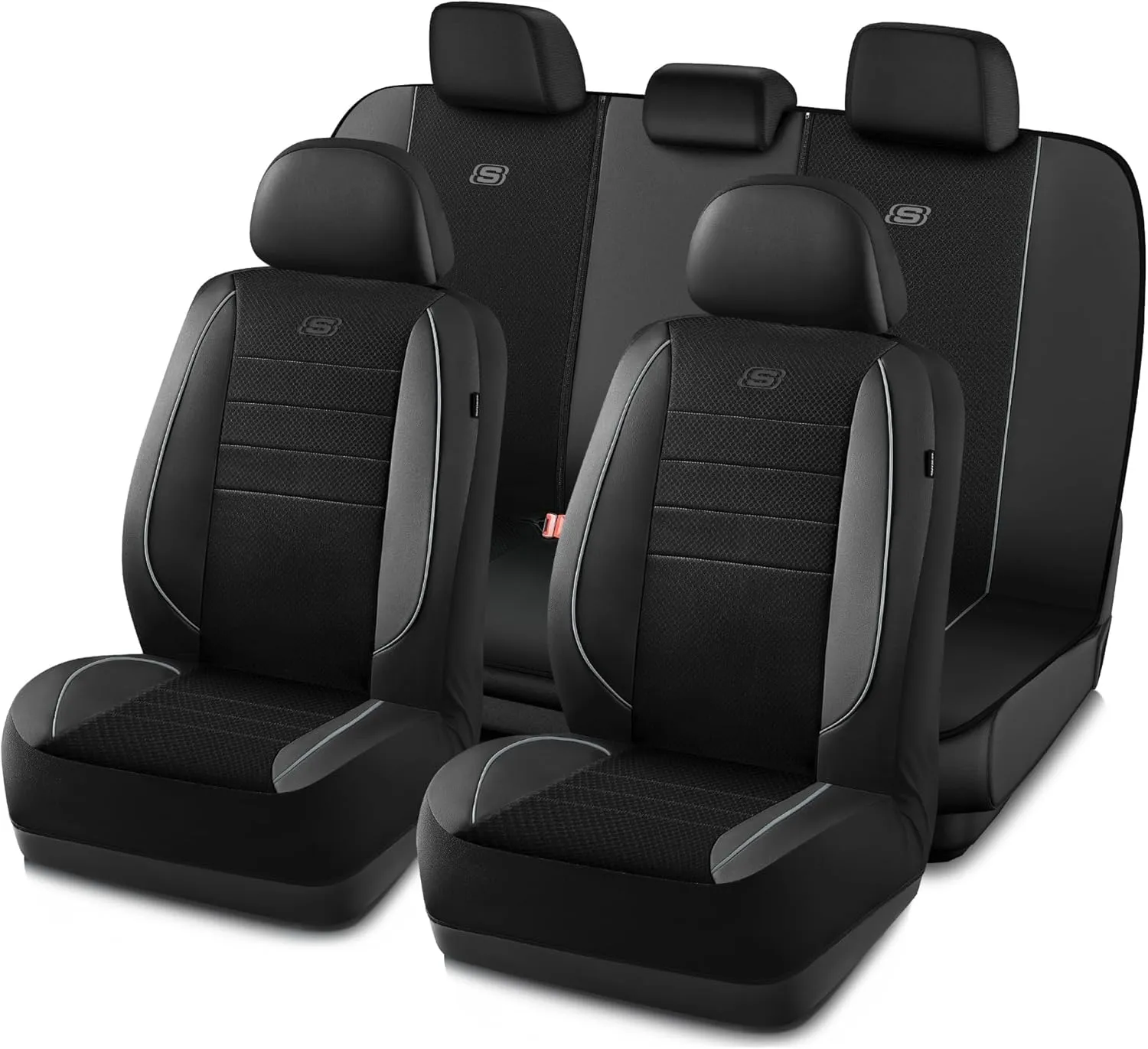 Skechers Memory Foam Seat Covers,Air Cool Mesh Thick Car Seat Covers,Piping Leather Car Seat Protector,Airbag Compatible,Automotive Comfort Protection for Most Cars,Vans,Trucks,SUV(Gray,Full Set)