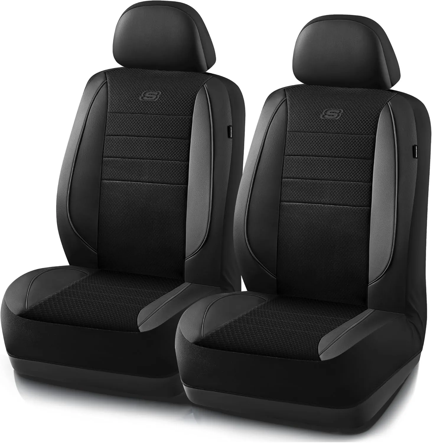 Skechers Memory Foam Seat Covers,Air Cool Mesh Thick Car Seat Covers,Piping Leather Two Front Car Seat Protector,Airbag Compatible,Automotive Comfort Protection for Most Cars,Vans,Truck,SUV,Black