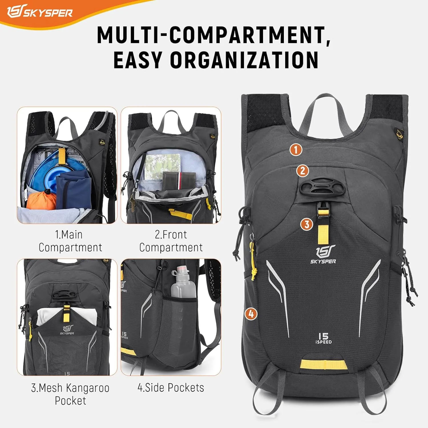 SKYSPER Small Hiking Backpack 15L Lightweight Day Pack Travel Hiking Daypack for Women Men(Darkgray)