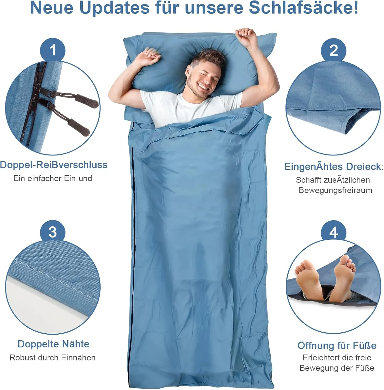 Sleeping Bag Liner, Updated Adult Sleep Sack & Travel Sheets with Foot Zipper, Lightweight and Portable Camping Sleeping Bag Liners - Ideal for Backpacking, Hostels and Camping