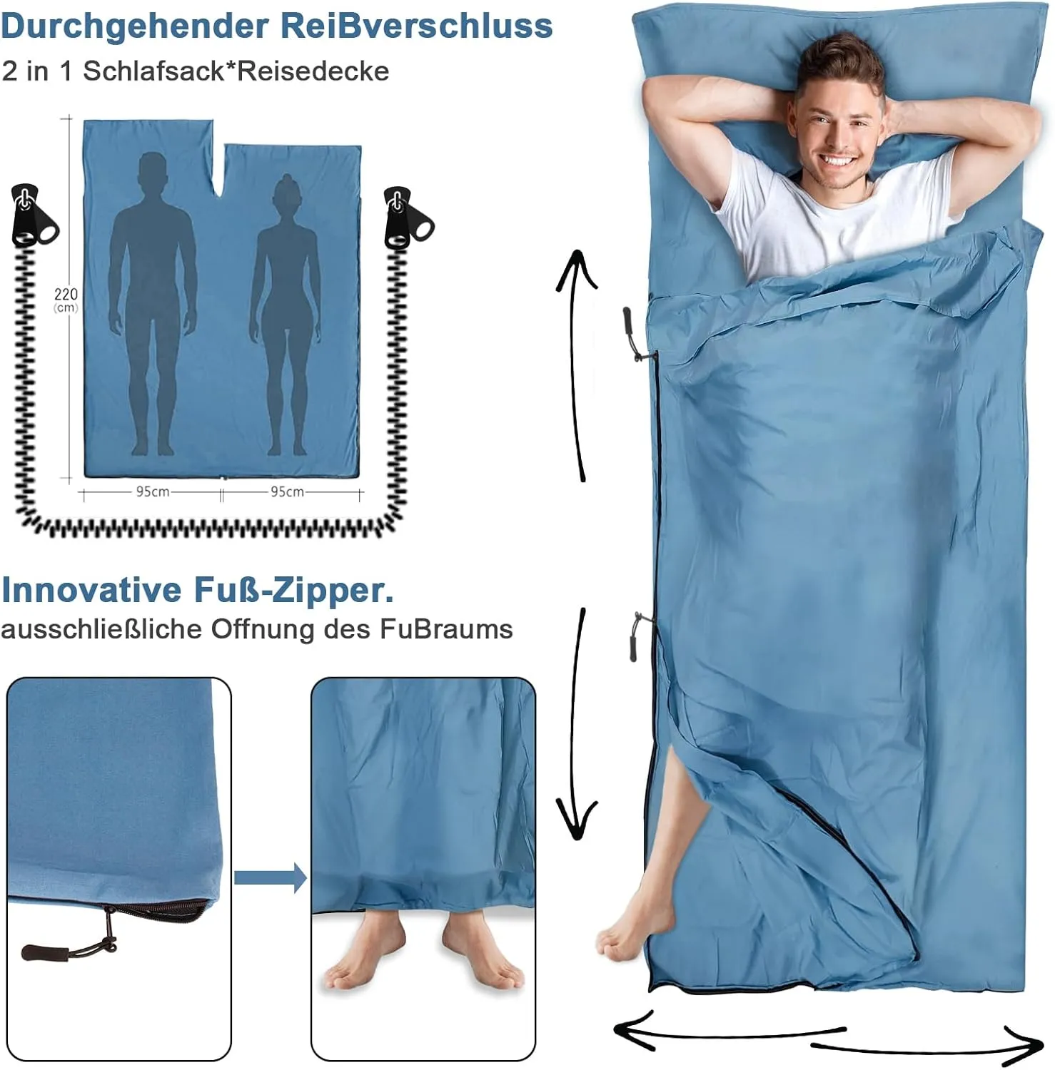 Sleeping Bag Liner, Updated Adult Sleep Sack & Travel Sheets with Foot Zipper, Lightweight and Portable Camping Sleeping Bag Liners - Ideal for Backpacking, Hostels and Camping