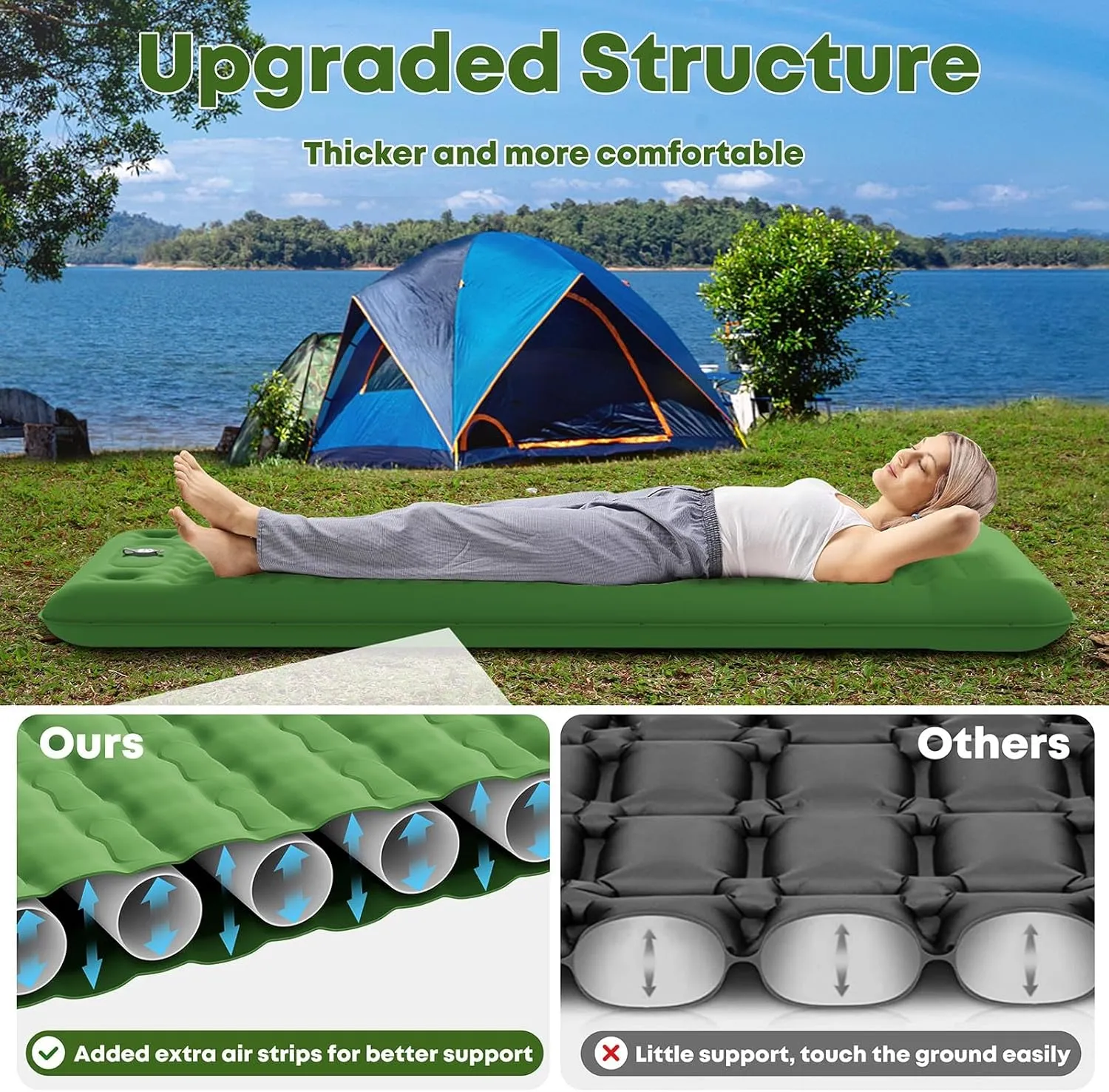 Sleeping Pad 4.7" Extra Thick, Upgraded Reinforced Support Structure with Built-in Foot Pump and Pillows Portable Camping Air Mattress Bed for Tent Backpacking Hiking