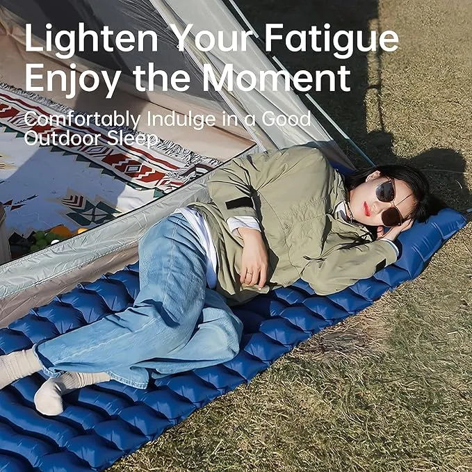 Sleeping Pad for Camping, Backpacking Self Inflating Sleeping Pad Ultra Lightweight, Air Inflatable Foldable Camp Hiking Sleep Mat for Outdoor Tent 4 inch Thick, Navy Blue
