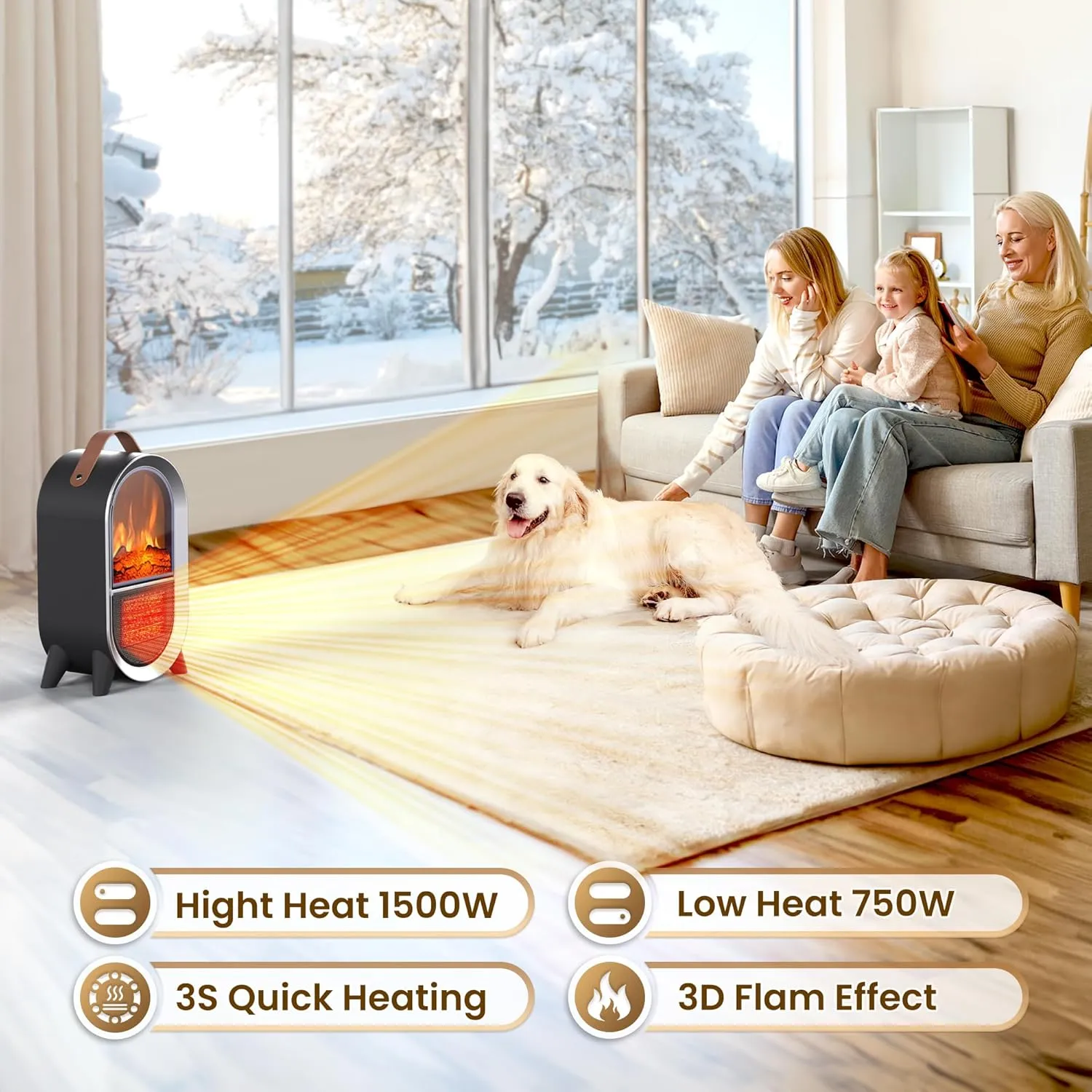 Small Space Heater for Indoor Use, 1500W/750W Portable Electric Fireplace Heater with 3D Flame, Ceramic Heating with Thermostat Overheat & Tipover Protection for Home Office Room Desk, Black