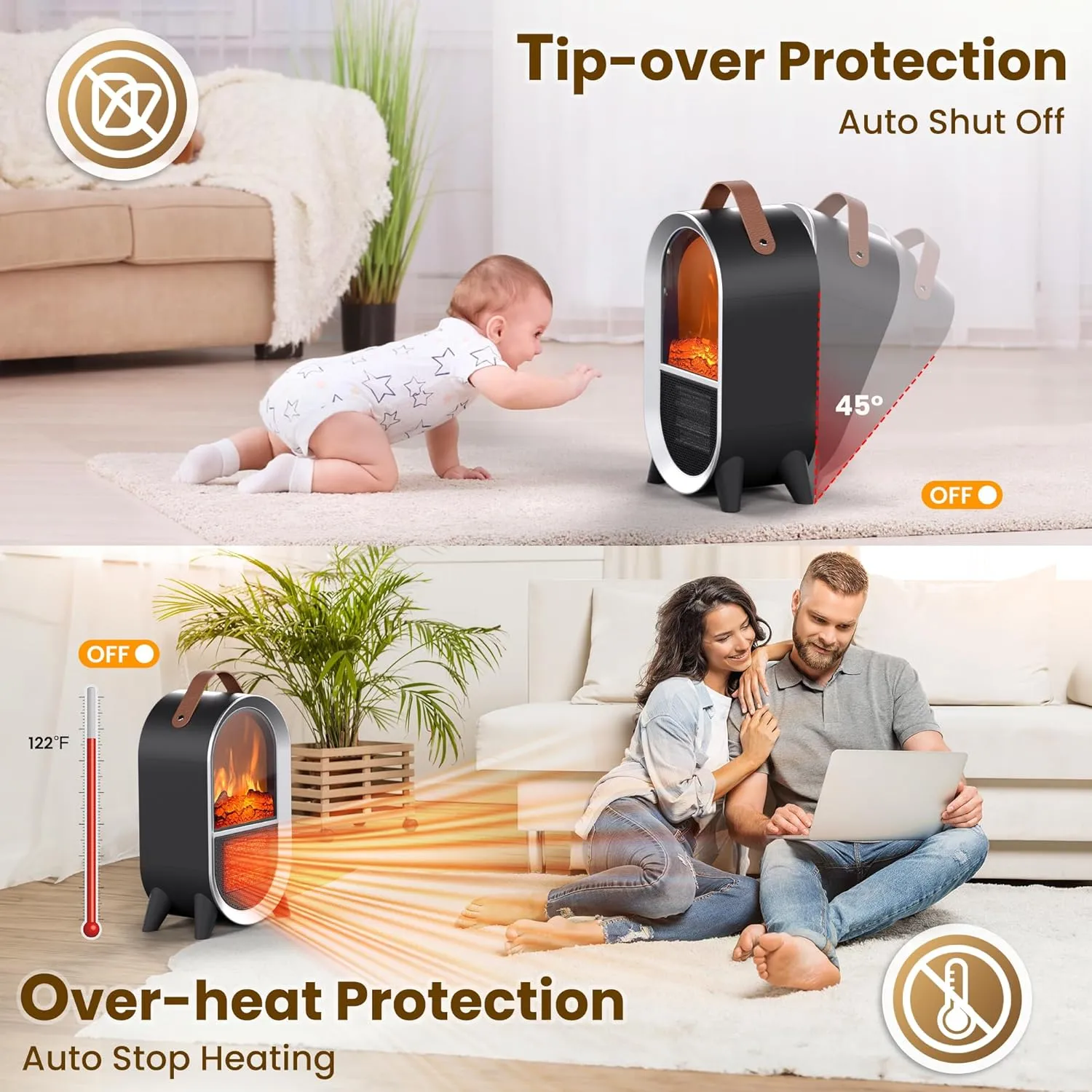 Small Space Heater for Indoor Use, 1500W/750W Portable Electric Fireplace Heater with 3D Flame, Ceramic Heating with Thermostat Overheat & Tipover Protection for Home Office Room Desk, Black