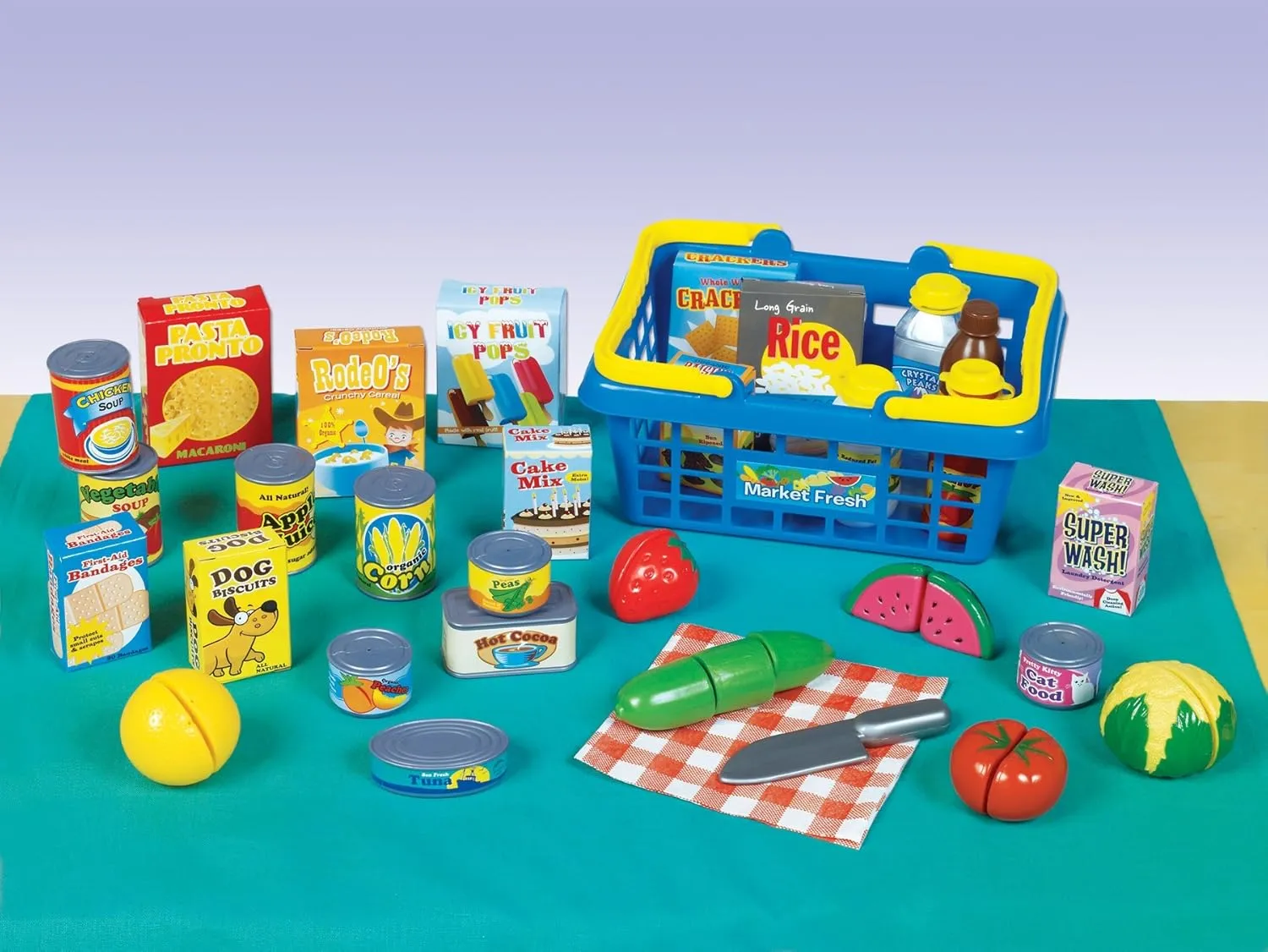 Small World Toys Kids Grocery Basket Play Food Set, Pretend Food Kids Shopping Basket Toddler Playset, 32 Pcs Grocery Food Play Kitchen Accessories, Educational Toddler Toys for Girls & Boys