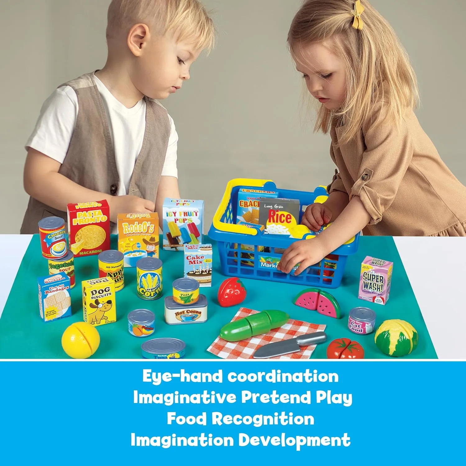 Small World Toys Kids Grocery Basket Play Food Set, Pretend Food Kids Shopping Basket Toddler Playset, 32 Pcs Grocery Food Play Kitchen Accessories, Educational Toddler Toys for Girls & Boys