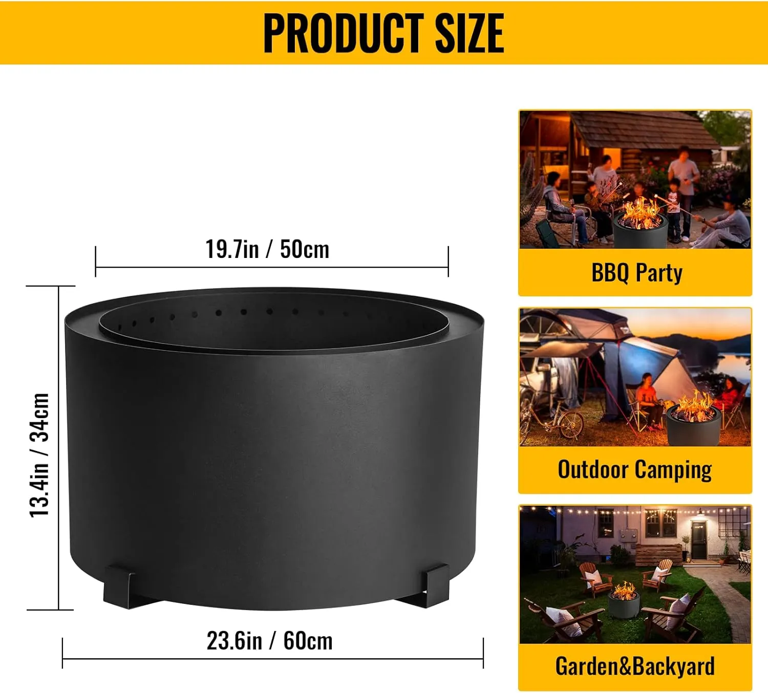 Smokeless Fire Pits Outdoor 23.6 Inch Carbon Steel Stove Bonfire Wood Burning Firepit for Picnic Camping Backyard