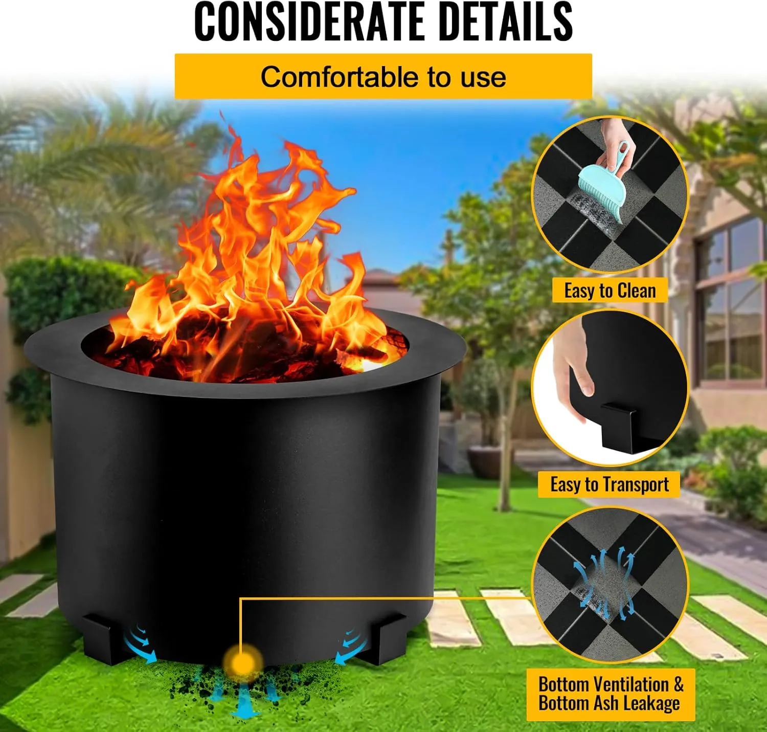 Smokeless Fire Pits Outdoor 23.6 Inch Carbon Steel Stove Bonfire Wood Burning Firepit for Picnic Camping Backyard