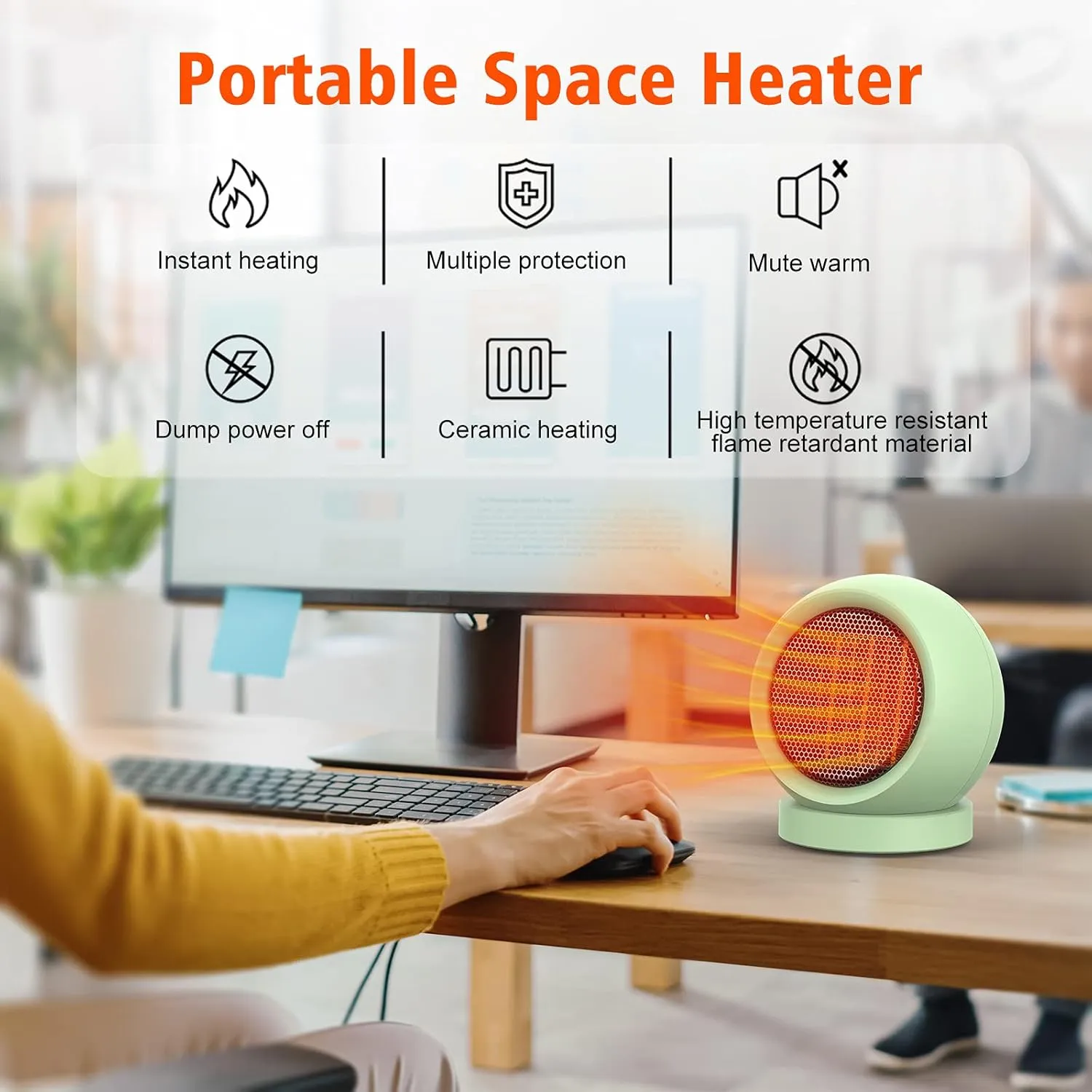 Space Heater,PTC Ceramic Electric Desktop Heater High Output Fan for Home Bedroom Office Desk Indoor Use(Green)
