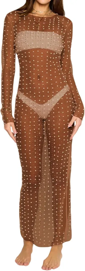 Springcmy Sexy Women Sheer Mesh See Through Pearl Rhinestone Beach Maternity Dress Swimwear Bikini Bathing Suit Coverup
