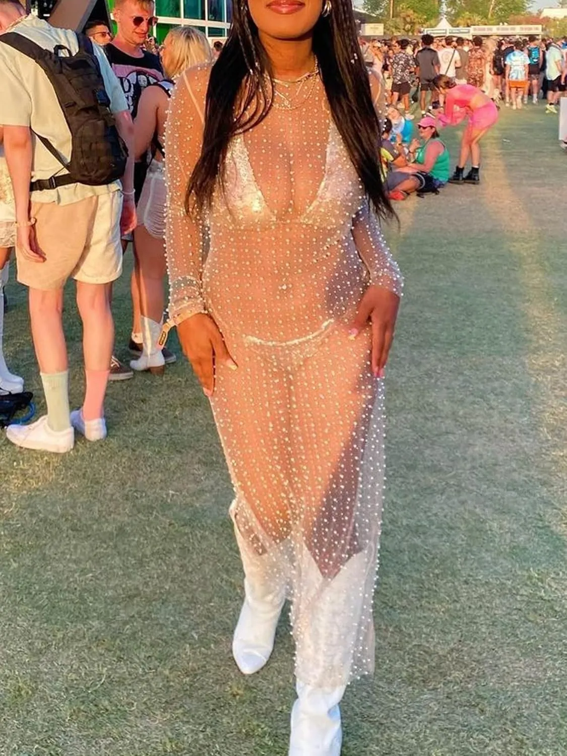 Springcmy Sexy Women Sheer Mesh See Through Pearl Rhinestone Beach Maternity Dress Swimwear Bikini Bathing Suit Coverup
