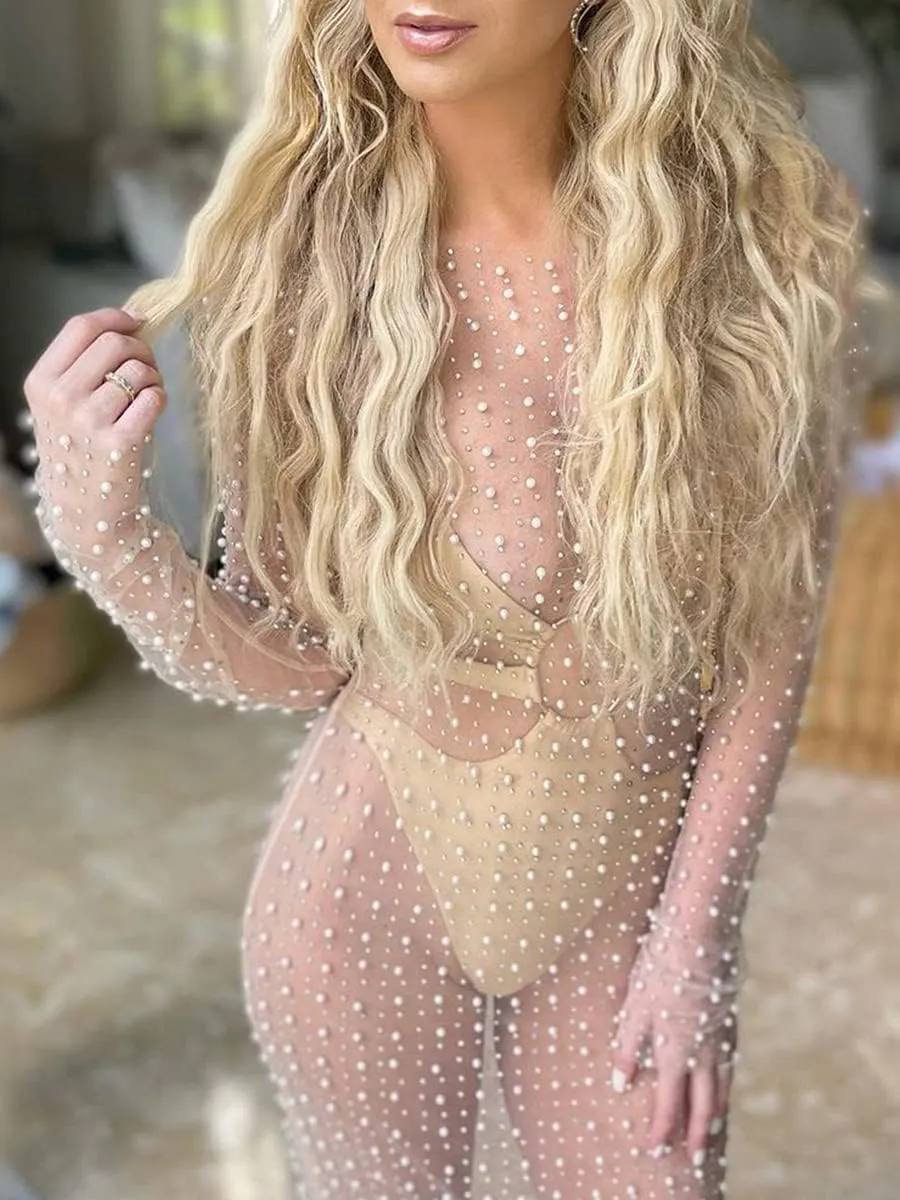 Springcmy Sexy Women Sheer Mesh See Through Pearl Rhinestone Beach Maternity Dress Swimwear Bikini Bathing Suit Coverup