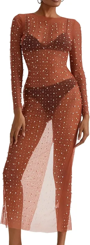 Springcmy Sexy Women Sheer Mesh See Through Pearl Rhinestone Beach Maternity Dress Swimwear Bikini Bathing Suit Coverup