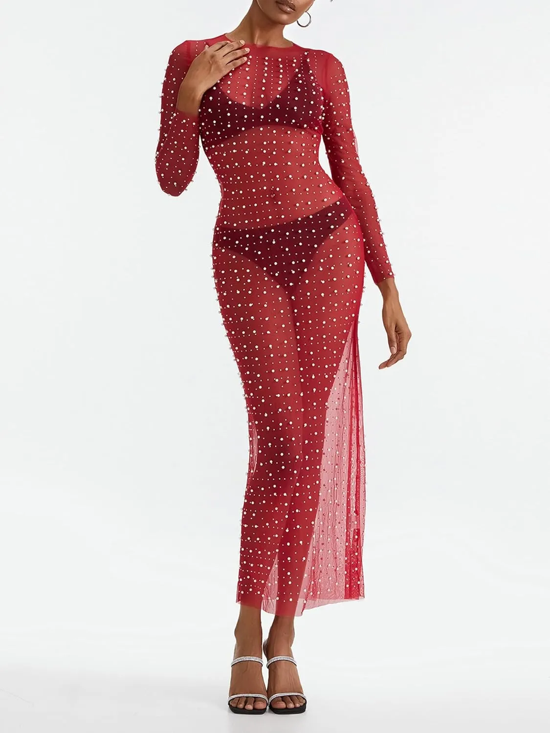 Springcmy Sexy Women Sheer Mesh See Through Pearl Rhinestone Beach Maternity Dress Swimwear Bikini Bathing Suit Coverup