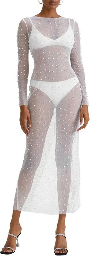 Springcmy Sexy Women Sheer Mesh See Through Pearl Rhinestone Beach Maternity Dress Swimwear Bikini Bathing Suit Coverup